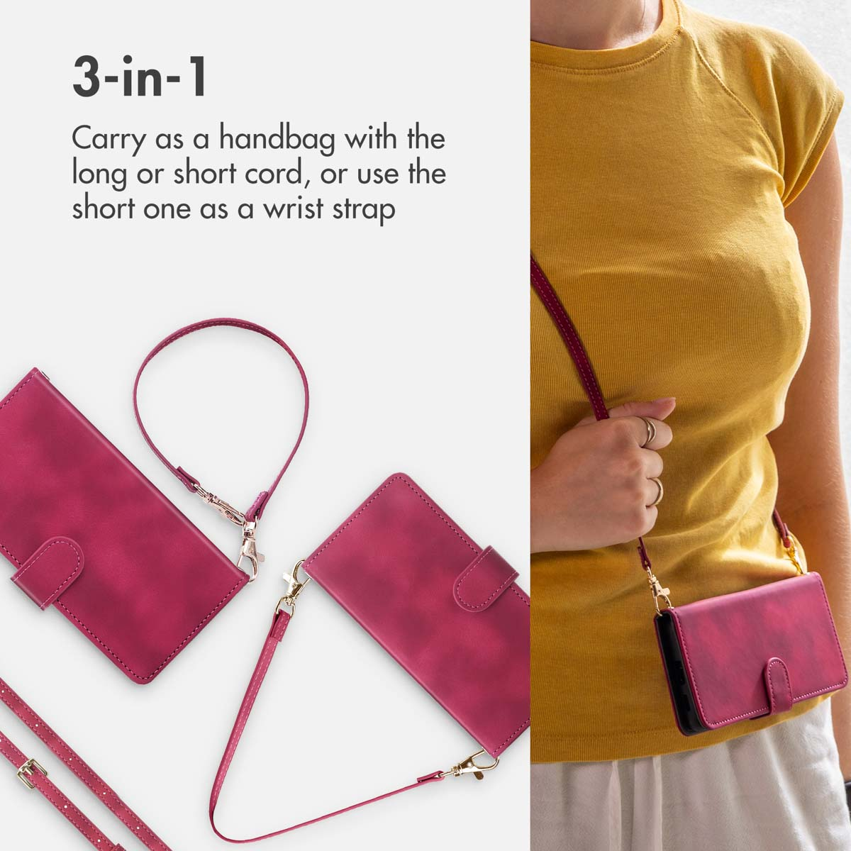 Un portafoglio per telefono in pelle rosa con cinturini, indossato come borsa da una donna in top giallo.