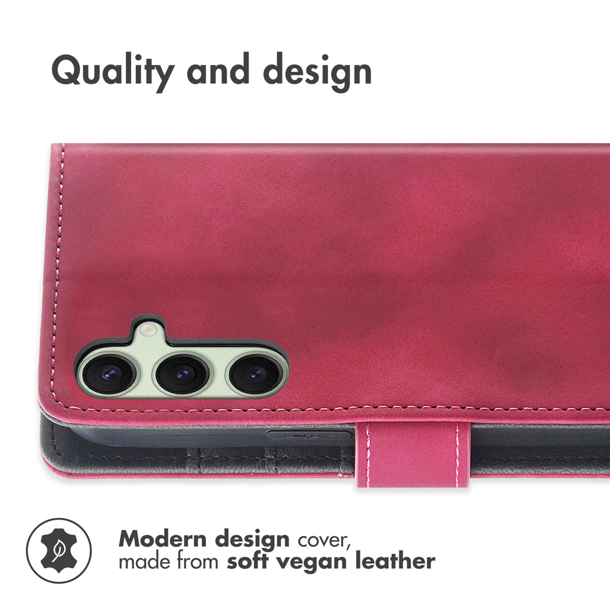 Custodia per telefono in pelle vegana rossa con ritaglio per fotocamera e testo di design.