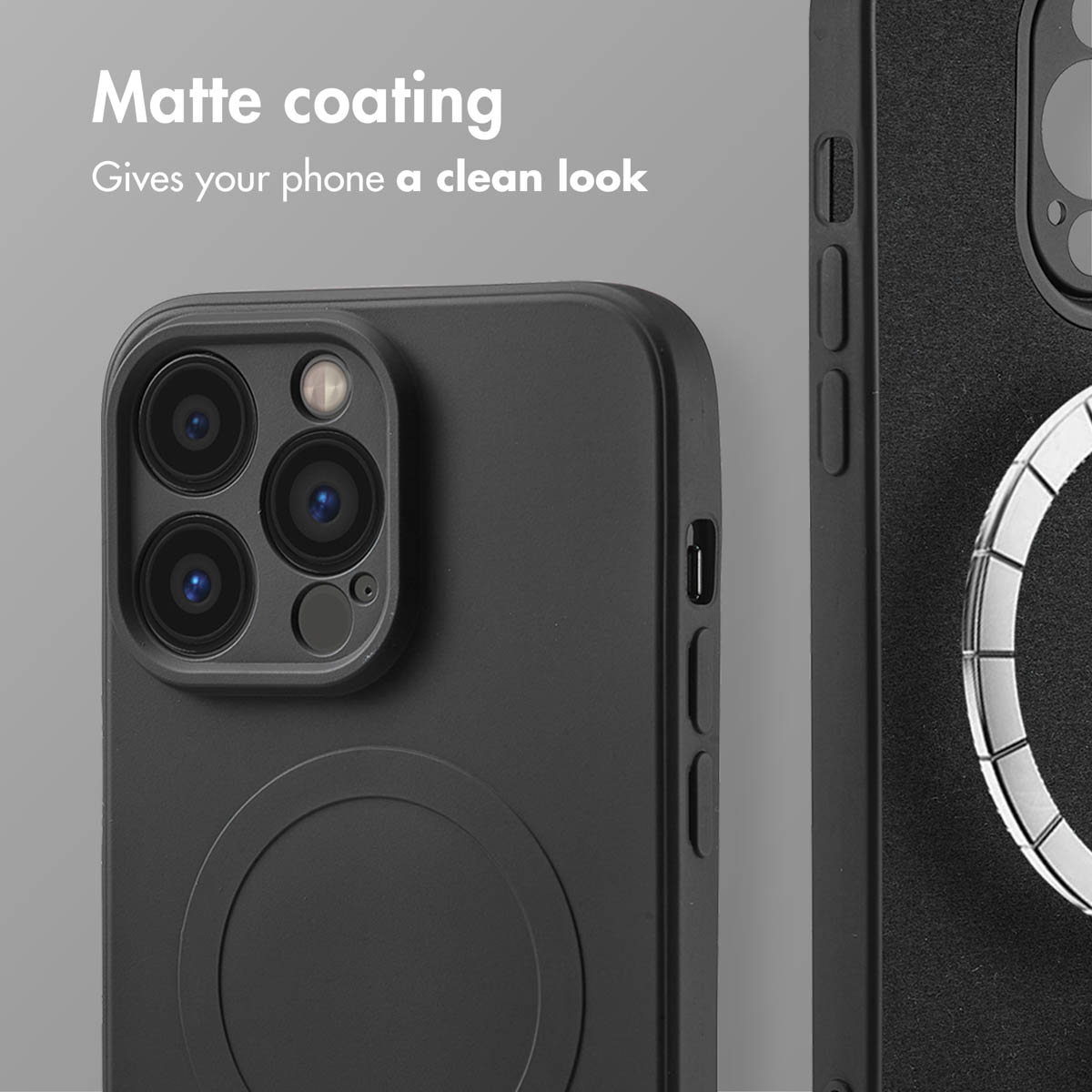 Una custodia per smartphone nera con finitura opaca, che mostra il suo design pulito e la fotocamera.