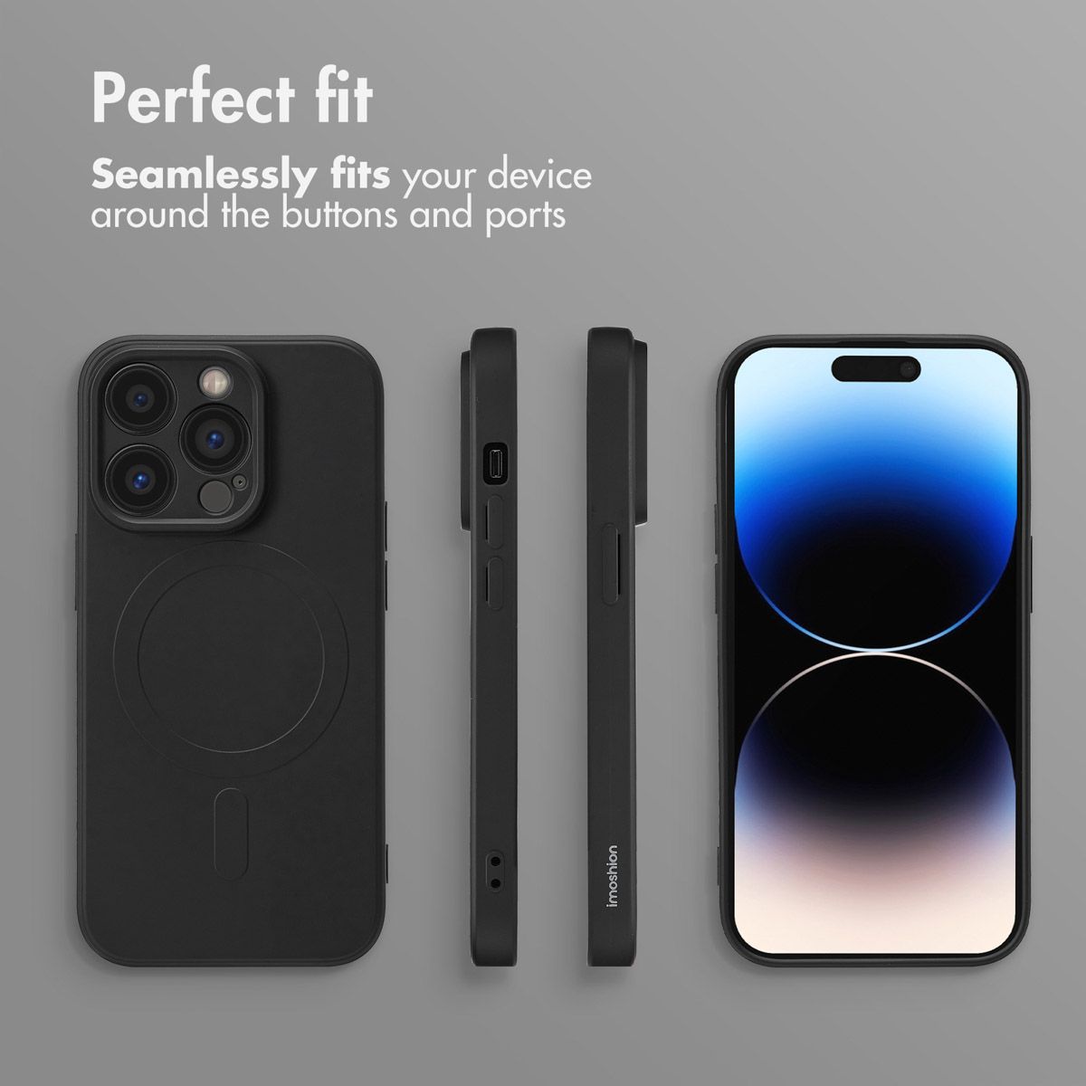 Cover per telefono nera mostrata da varie angolazioni con un iPhone e testo in alto a sinistra, su sfondo grigio.