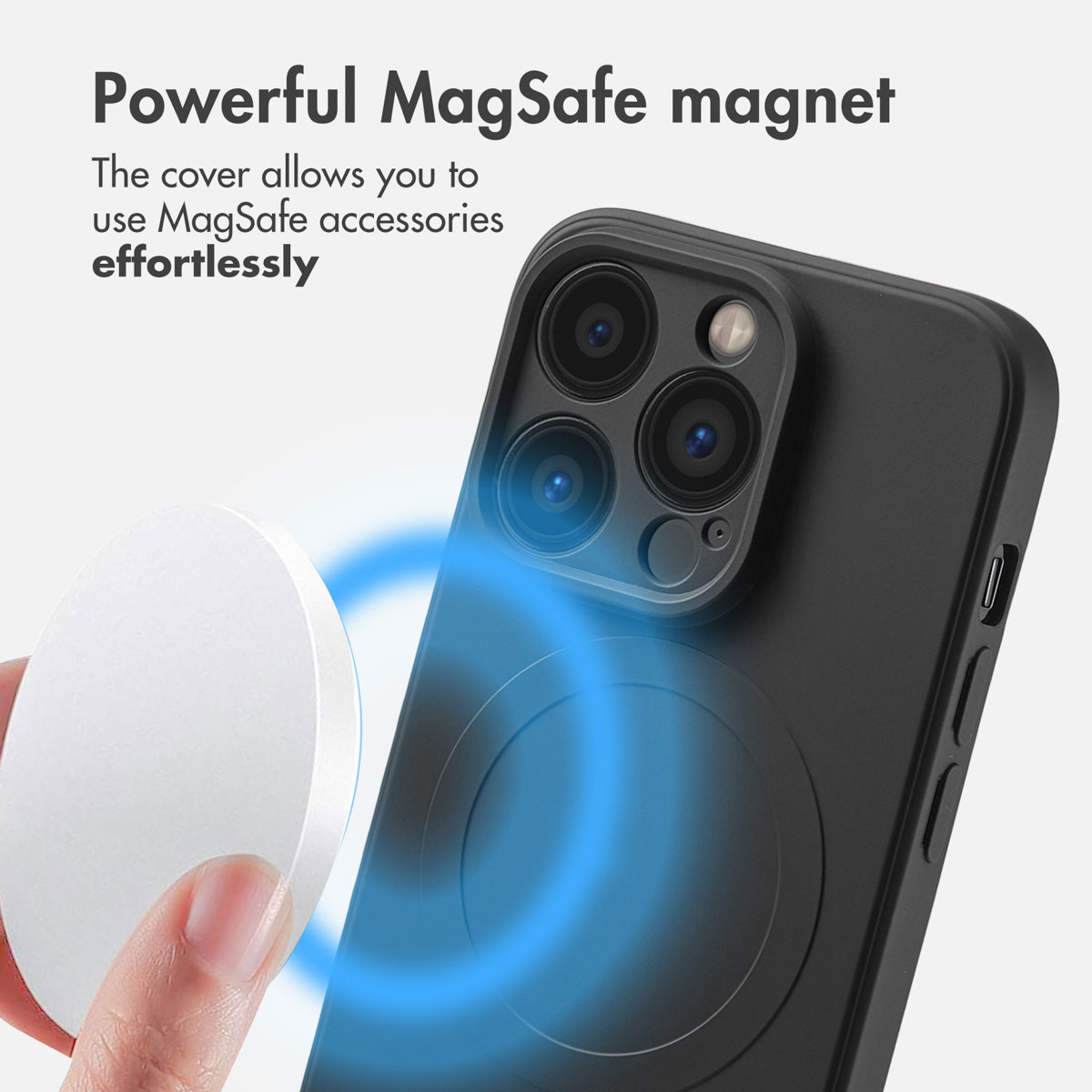 Una custodia nera con caricabatterie MagSafe e testo su potenti magneti.