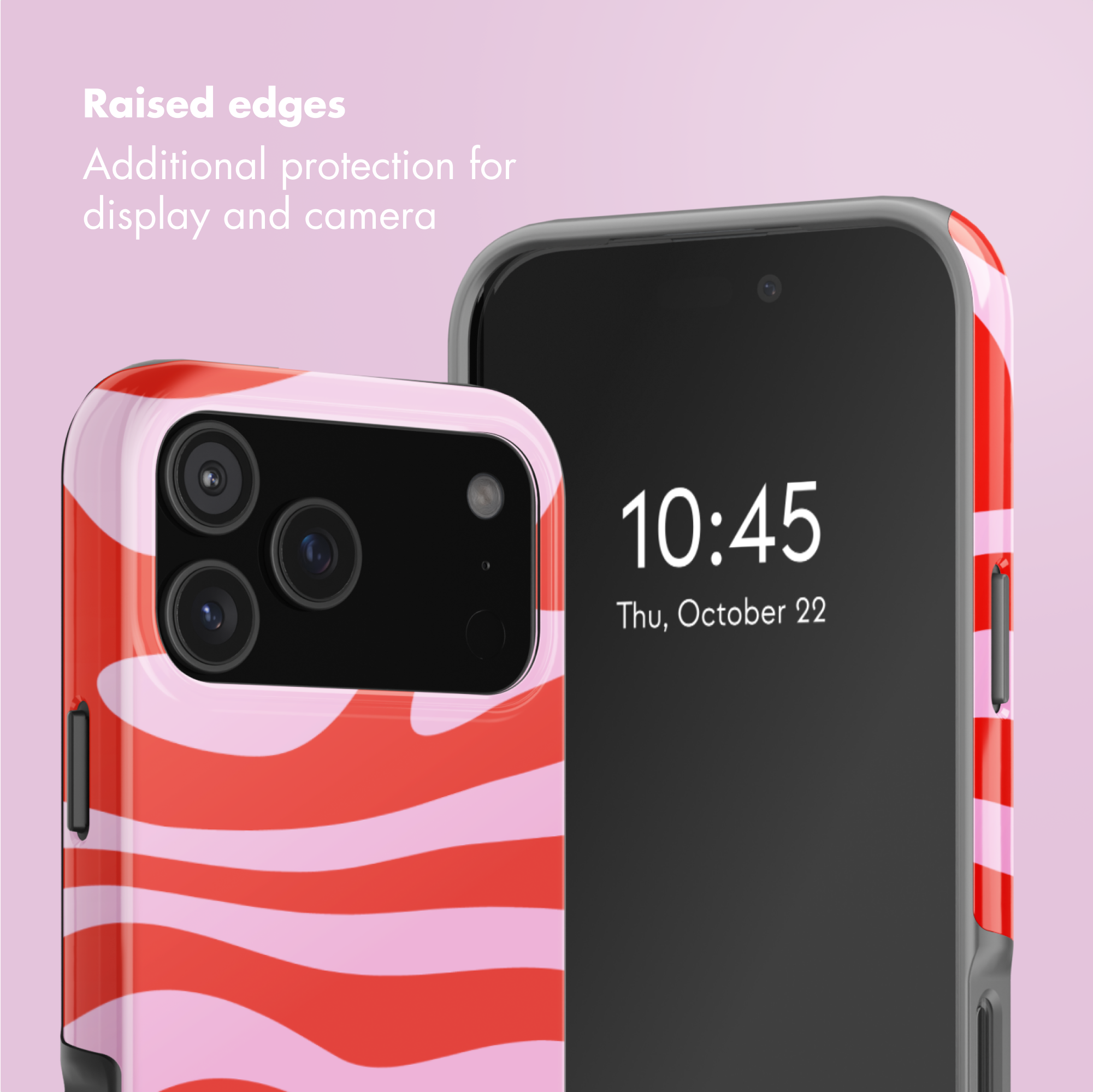 Zwei Smartphones in rosa-roten Wellenhüllen, die erhöhte Kanten für Bildschirm- und Kameraschutz betonen.