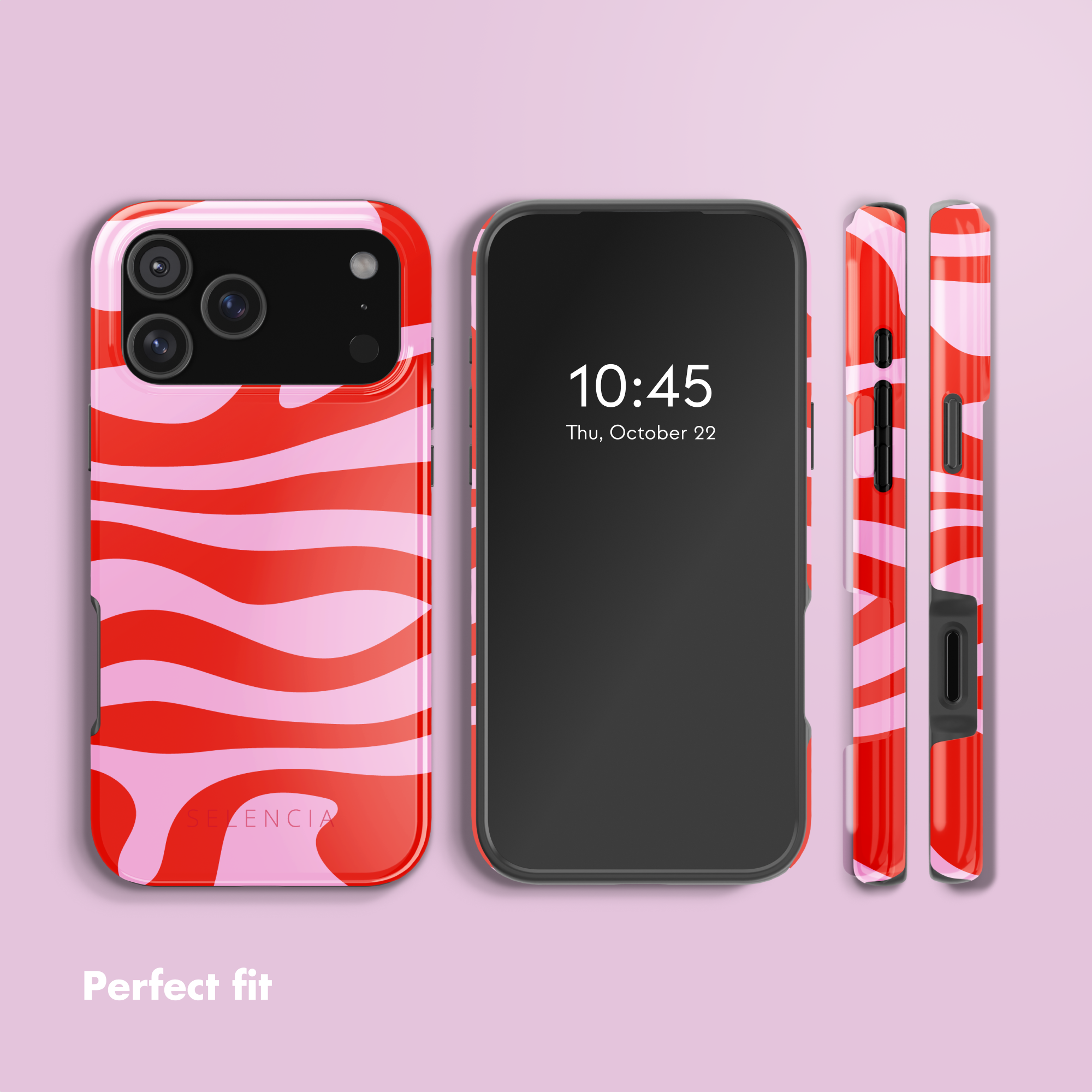 Smartphone mit rot-rosa Wellenmuster auf der Hülle, Vorder-, Rück- und Seitenansicht vor rosa Hintergrund.