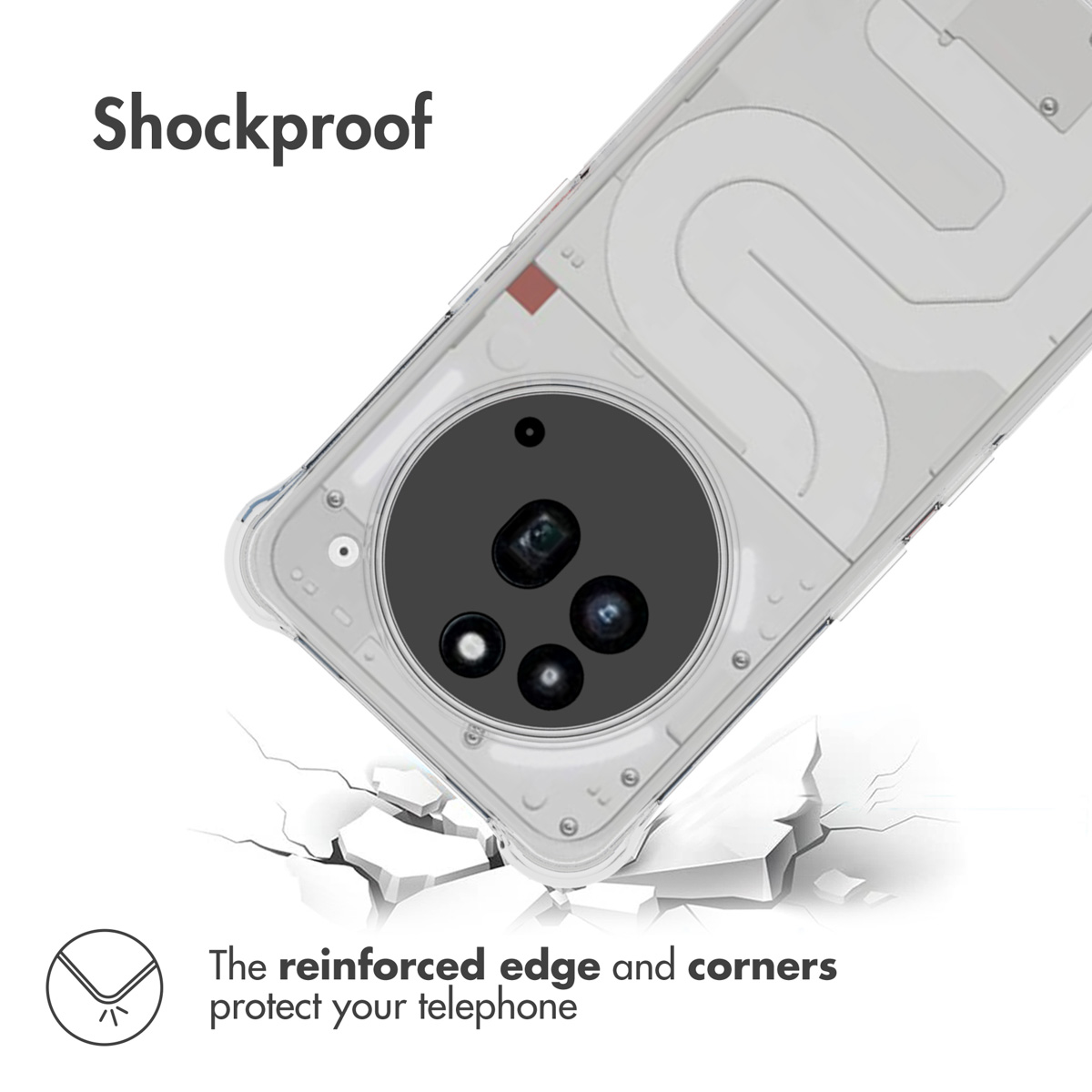 Funda protectora transparente sobre un fondo agrietado con texto Shockproof.