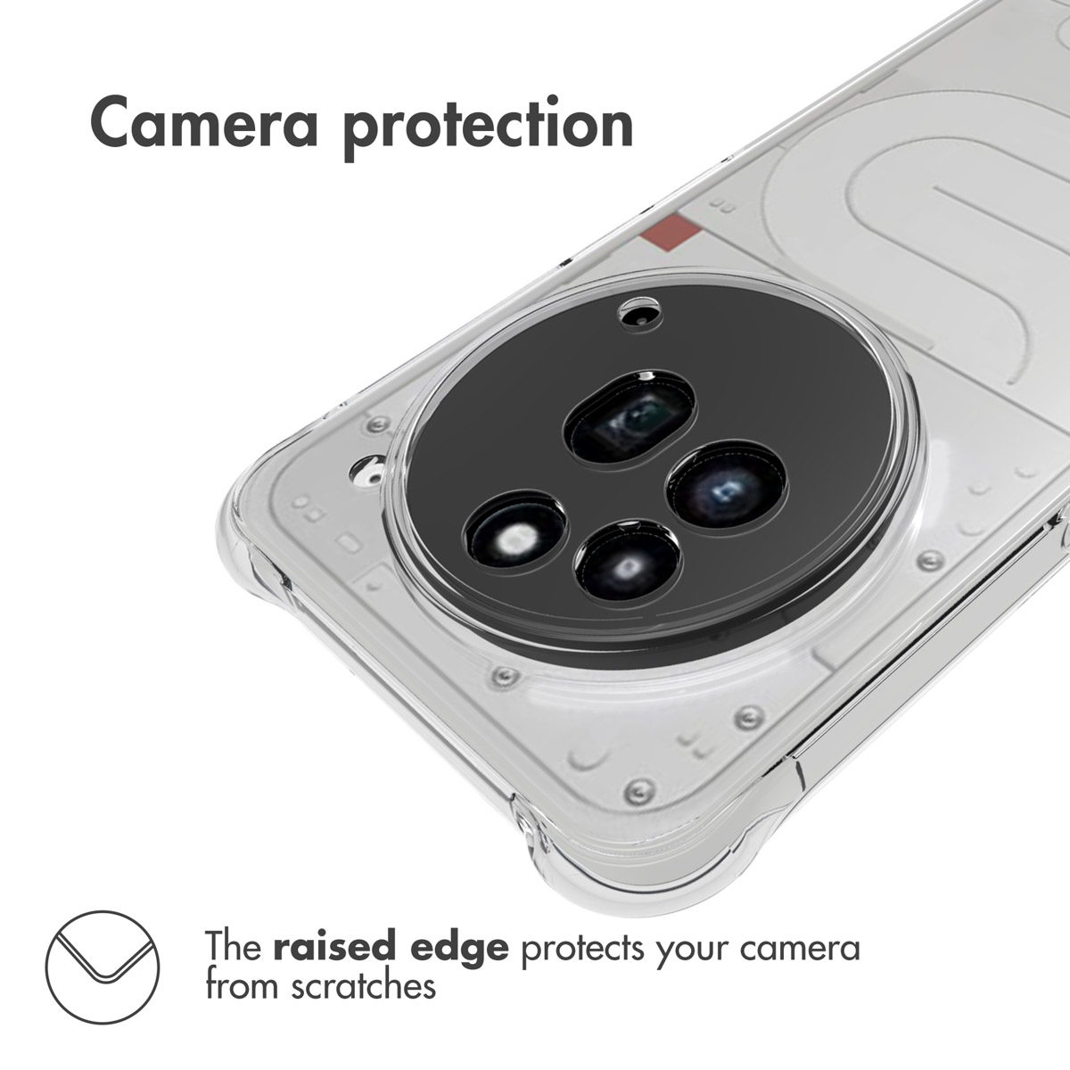 Funda transparente para móvil con borde elevado para proteger la cámara.