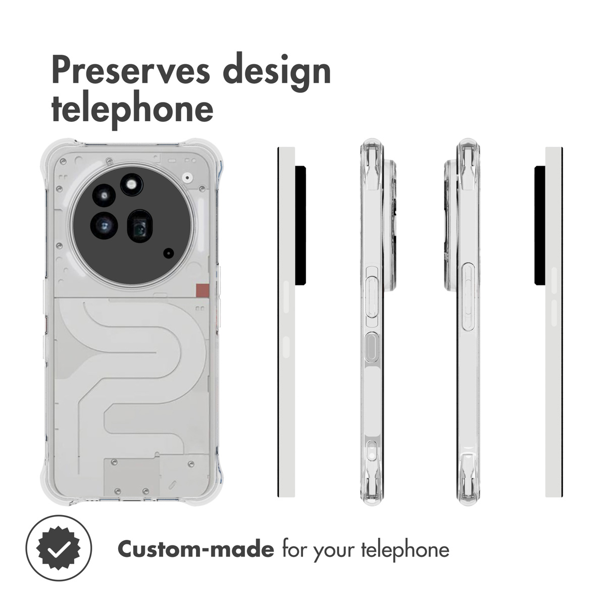 Funda de móvil transparente que muestra múltiples ángulos y diseño interno.
