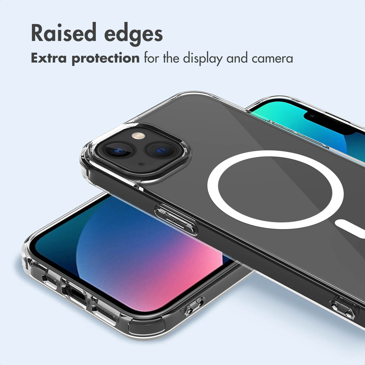 Custodia trasparente con bordi rialzati per proteggere fotocamera e schermo.