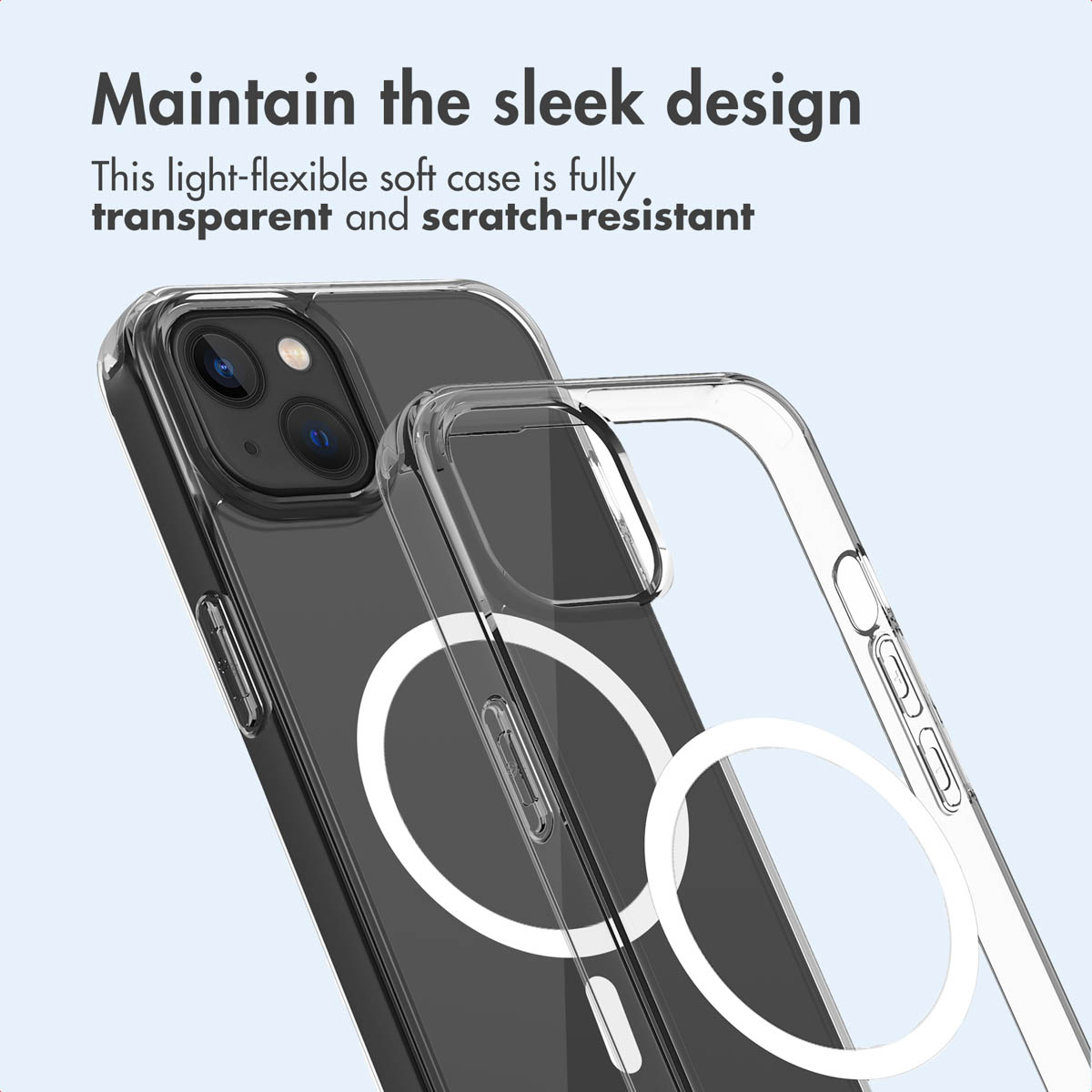 Una custodia per telefono trasparente e antigraffio con MagSafe viene mostrata su uno smartphone scuro.