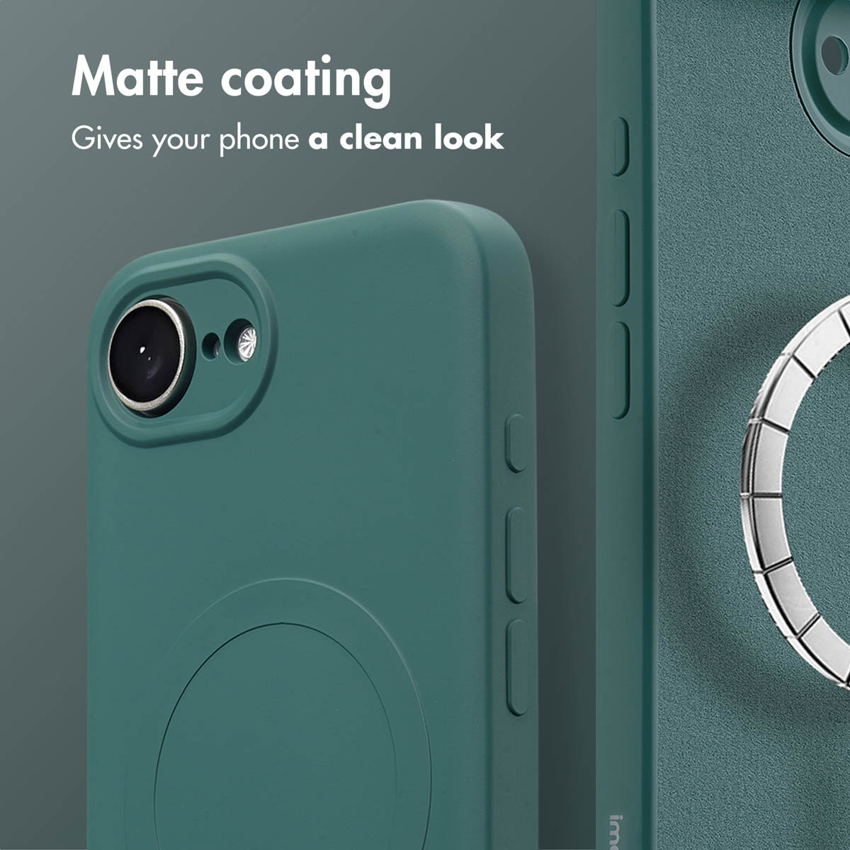 Una cover verde per smartphone con finitura opaca, il testo recita Matte coating, gives your phone a clean look.