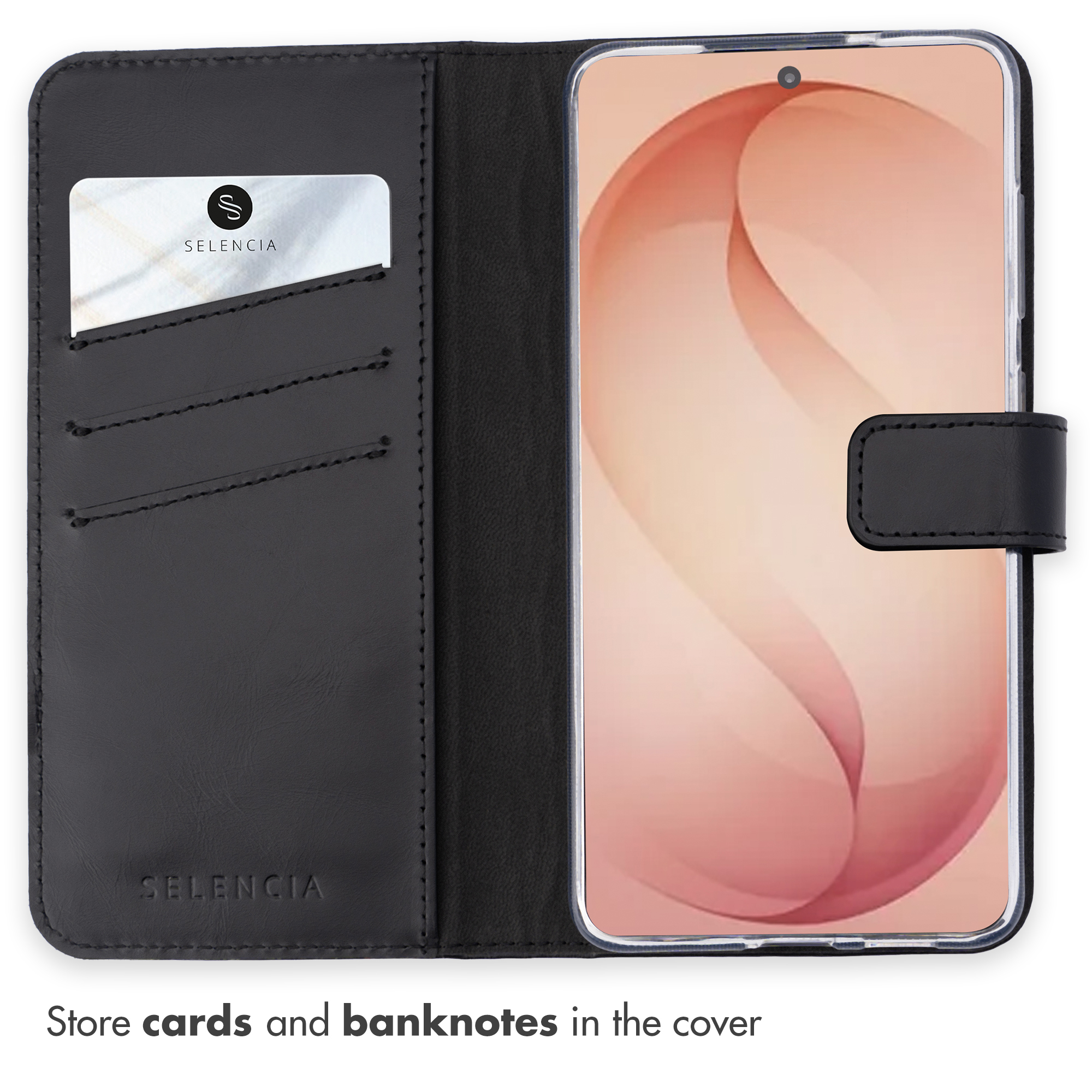 Custodia per cellulare in pelle nera con slot per carte.