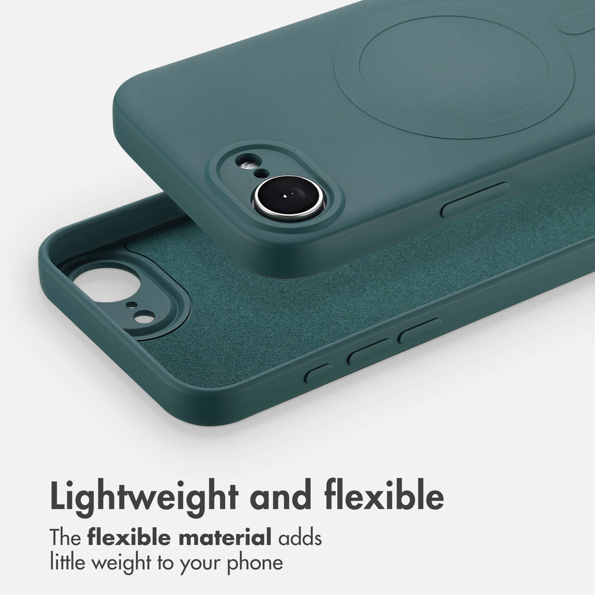 Una custodia per smartphone in silicone verde con anello MagSafe circolare e ritaglio per la fotocamera.