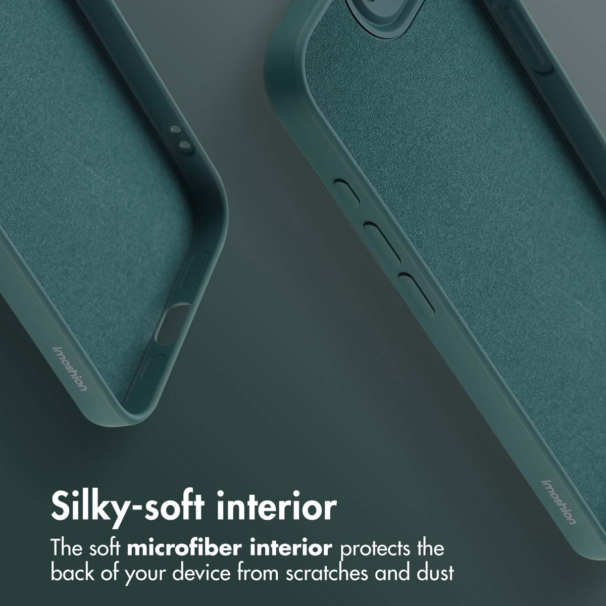 Custodia per telefono verde con morbido interno in microfibra per proteggere dai graffi.