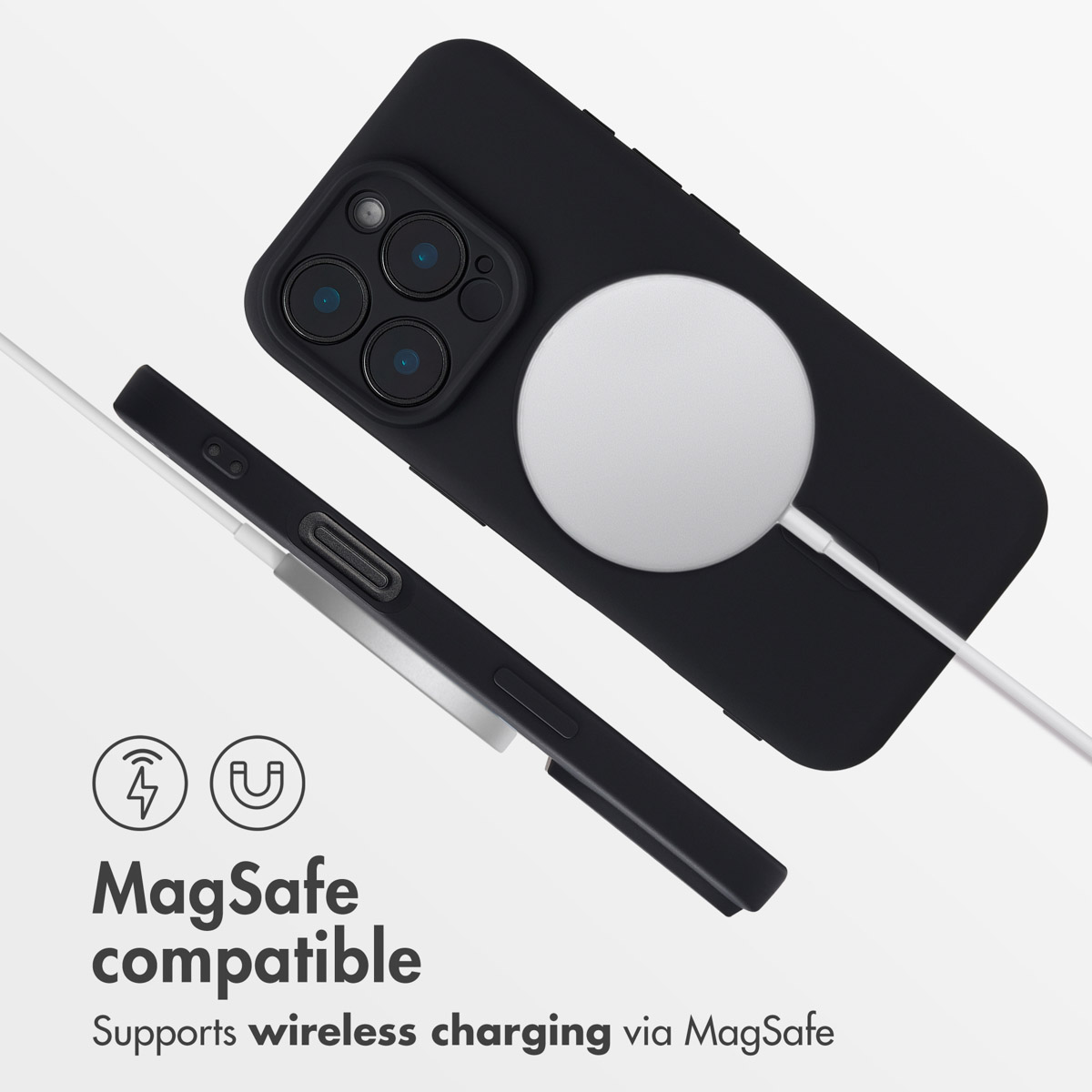 Coque iPhone noire avec chargeur MagSafe sur fond blanc et texte de compatibilité.