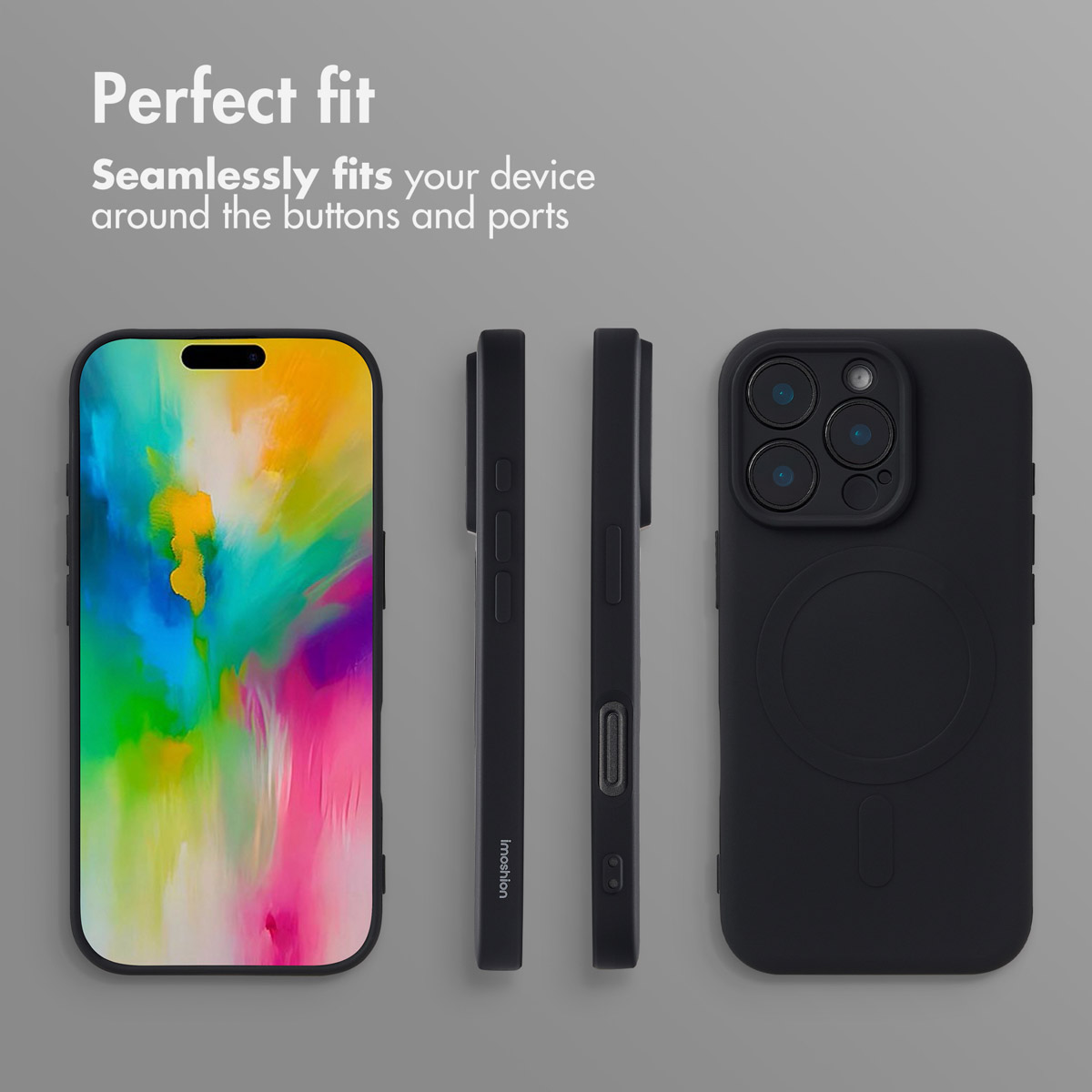 Coque de protection noire pour téléphone présentée de face, de profil et de dos.