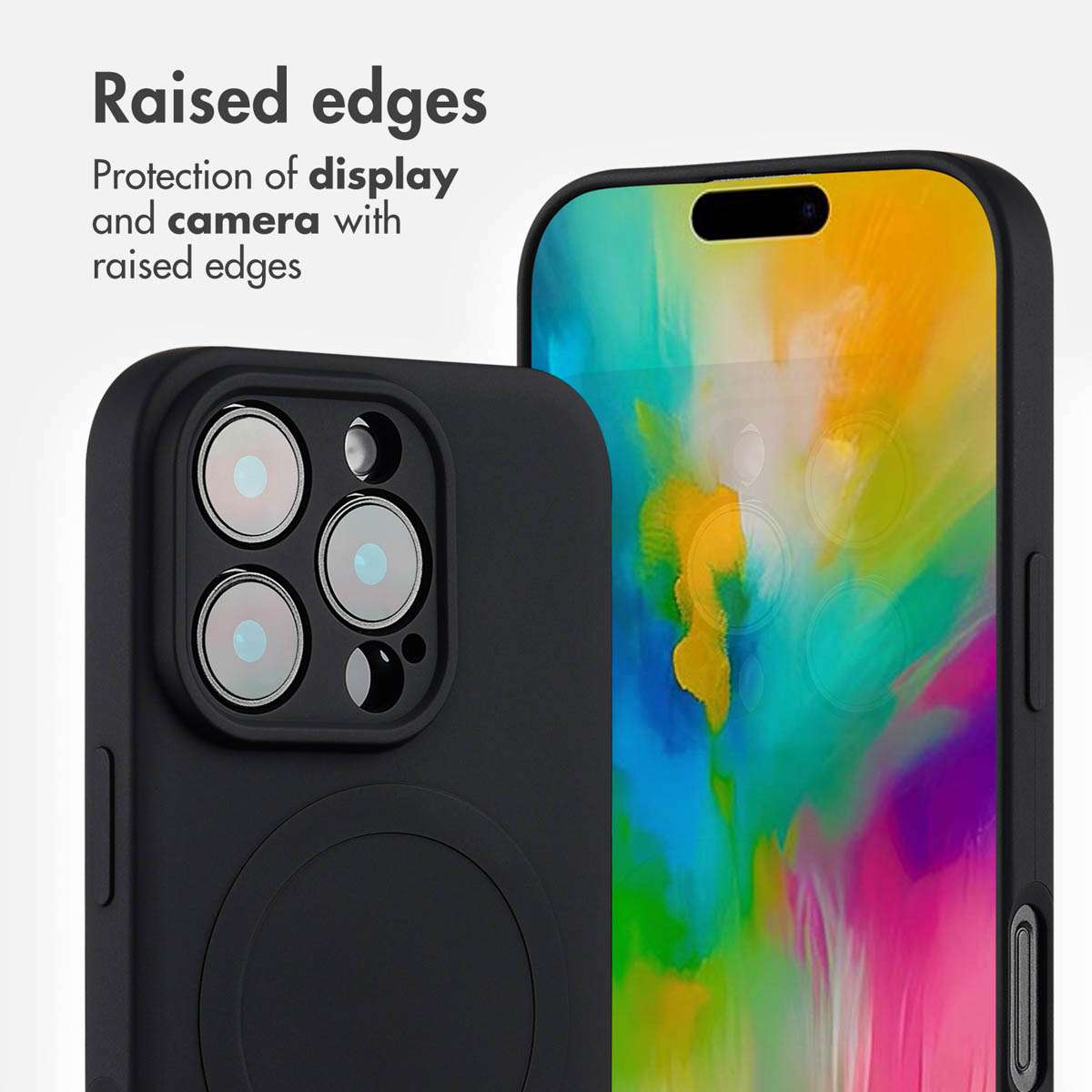 Coque de téléphone noire montrant des bords surélevés.
