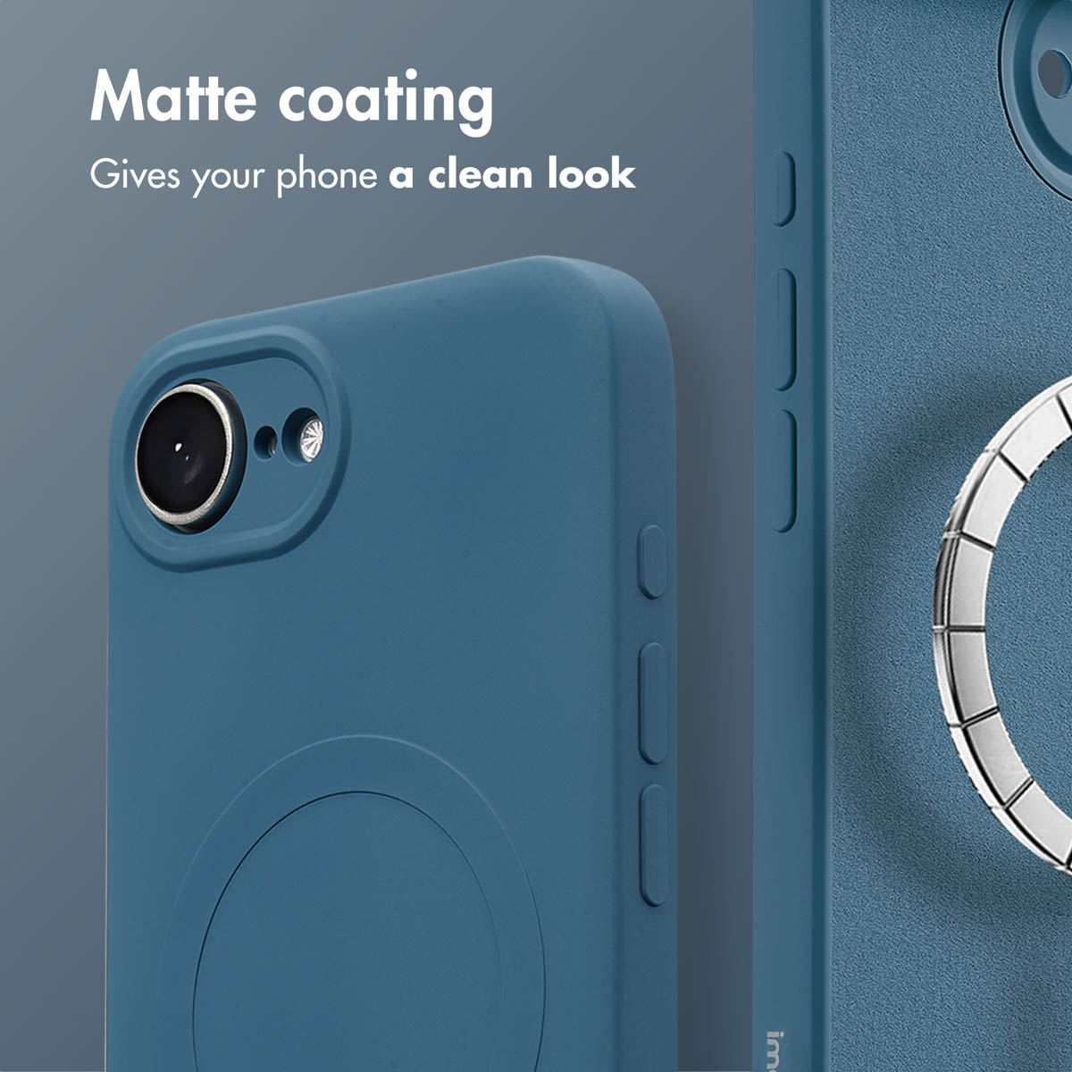 Custodia blu opaca per smartphone con ritaglio per fotocamera e pulsanti laterali.