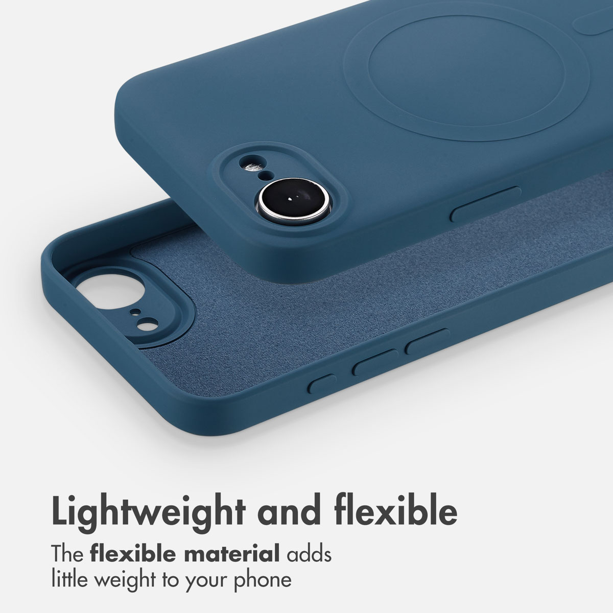 Una custodia blu per smartphone su sfondo grigio chiaro con testo sul design leggero.