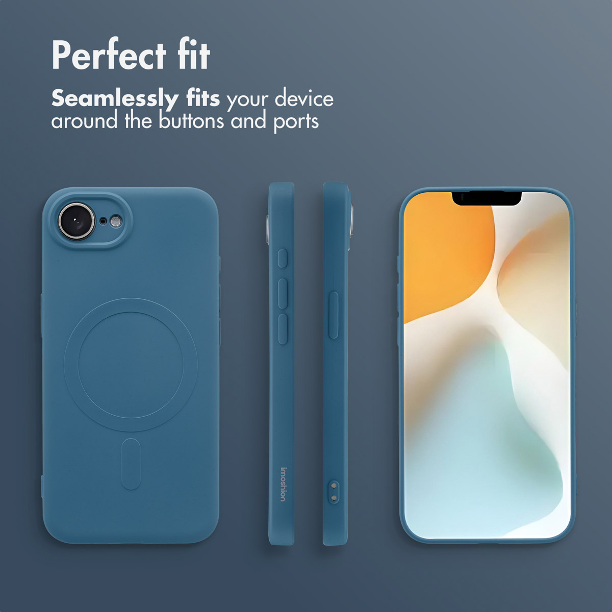 Una custodia blu per telefono mostrata da più angolazioni, che evidenzia la fotocamera, i tasti e l'anello MagSafe.