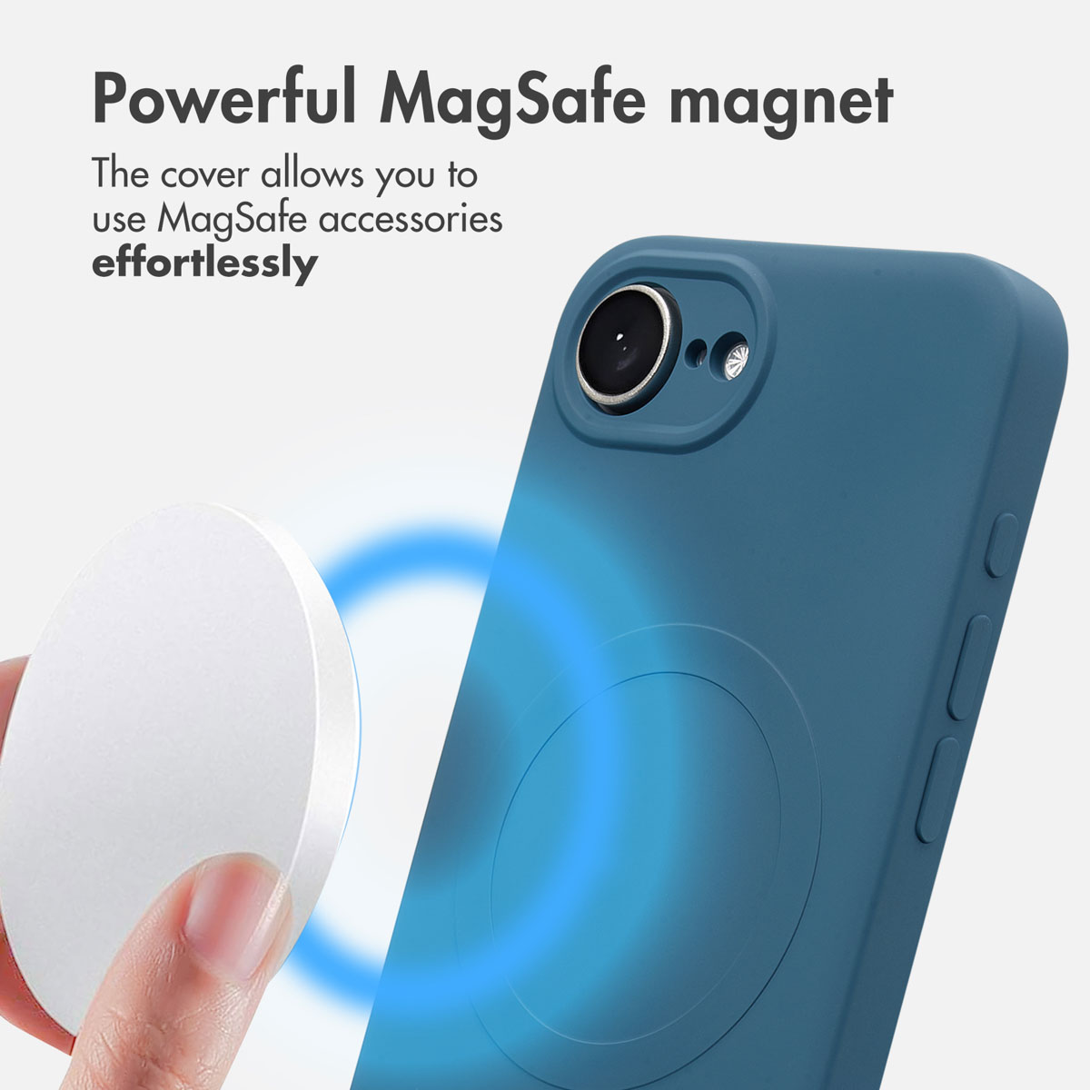 Custodia per telefono blu con funzione MagSafe, mentre un accessorio bianco viene attratto magneticamente.
