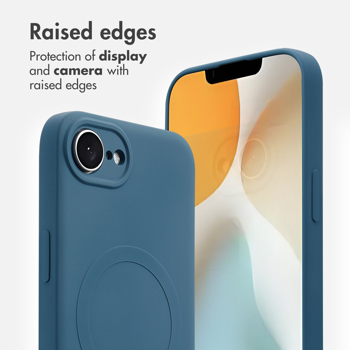 Cover blu per smartphone con bordi rialzati per proteggere schermo e fotocamera.