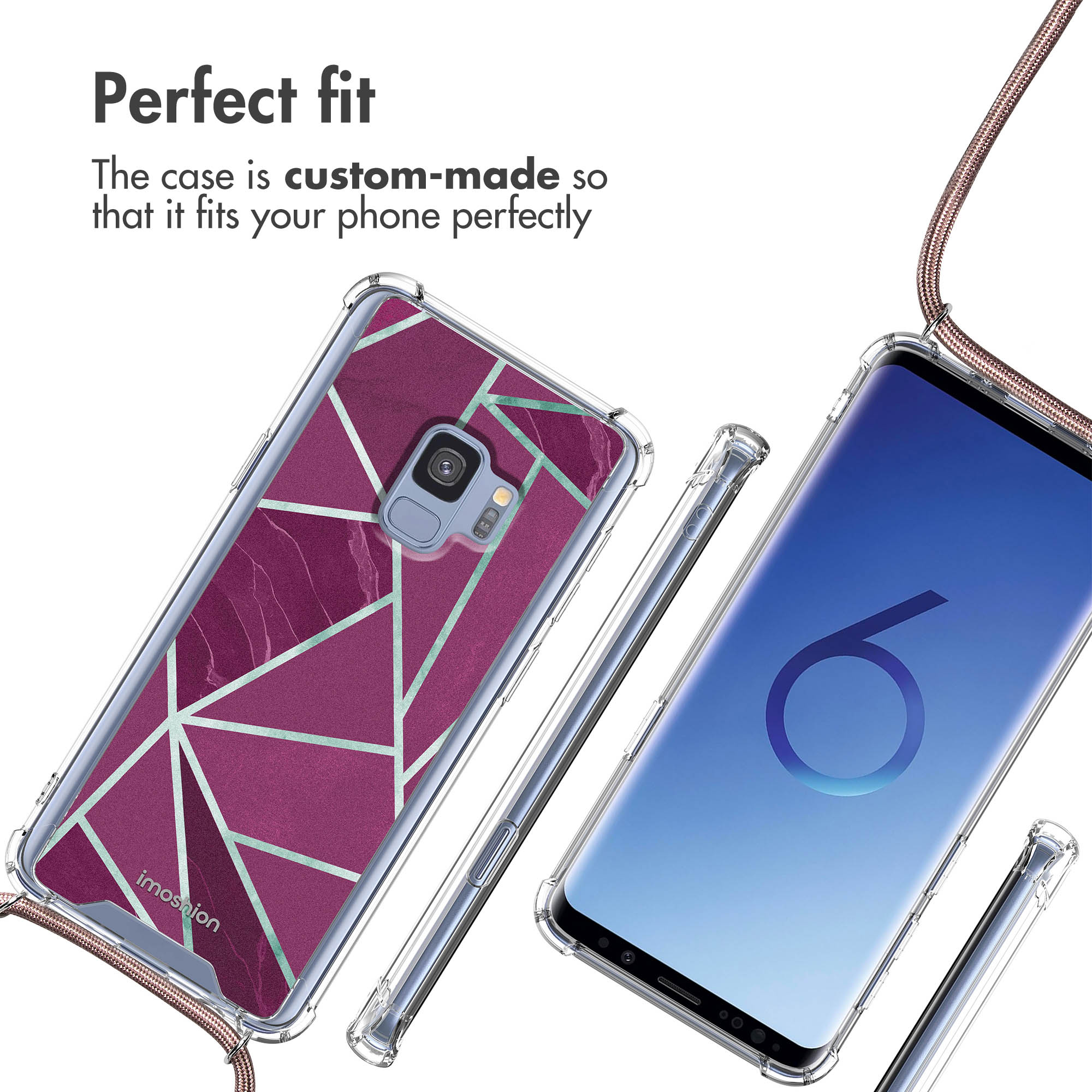 Coque de téléphone avec motif géométrique, lanière et textes.