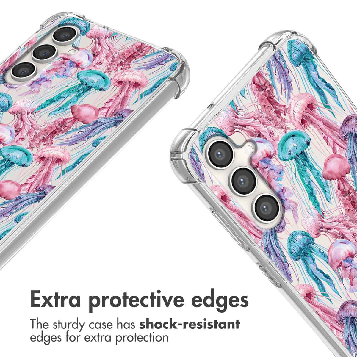 Coque de téléphone transparente avec méduses colorées et bords antichocs.