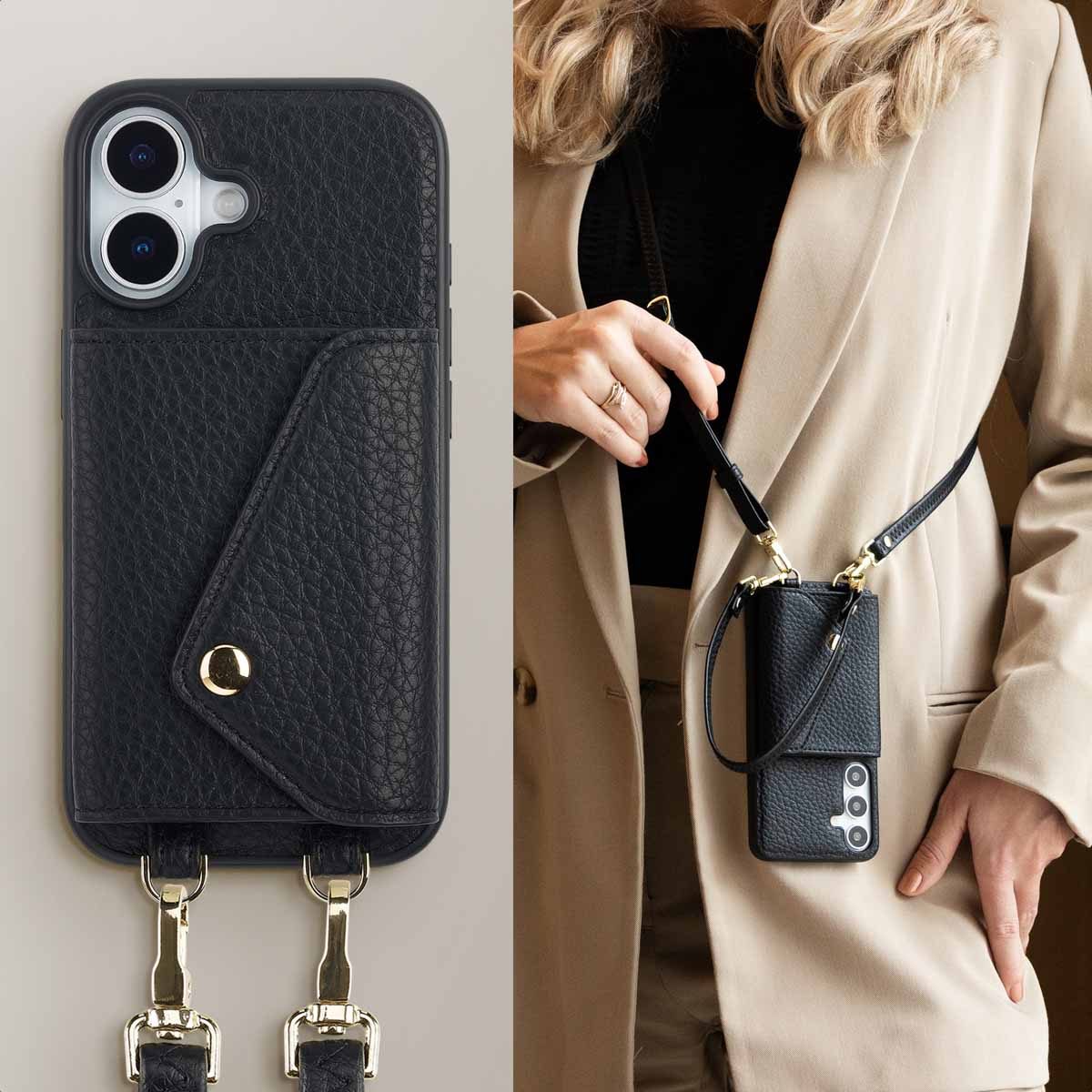 Coque de téléphone en cuir noir avec poche pour carte et lanière, portée par une femme en costume.