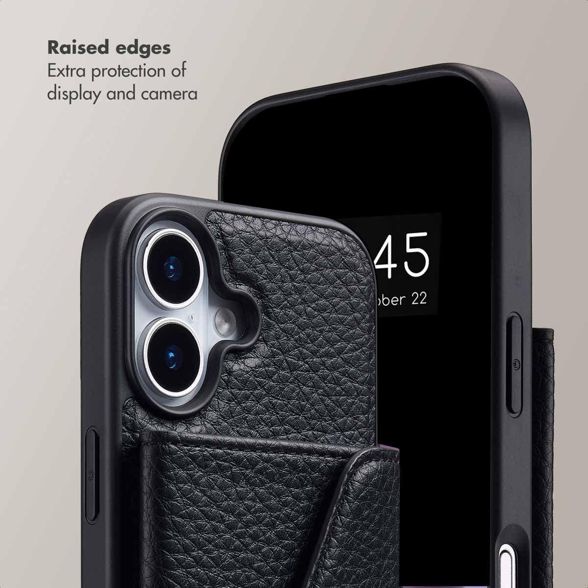 Coque de protection en cuir noir pour smartphone avec bords surélevés pour l'écran et l'appareil photo.