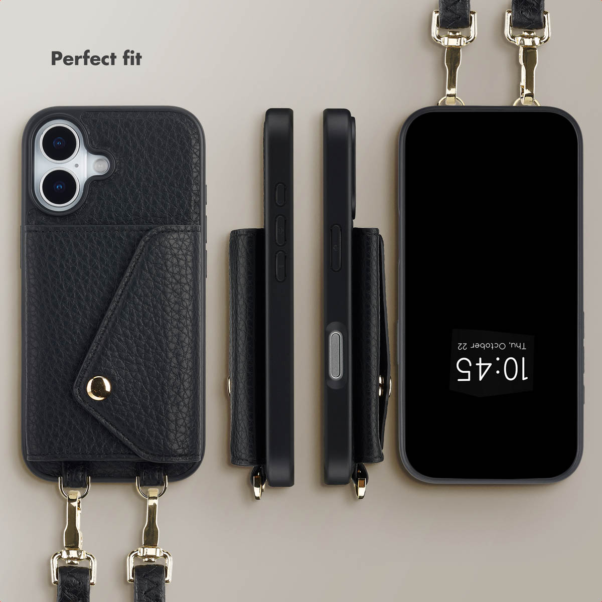 Coque de téléphone en cuir noir avec porte-cartes, sangle amovible et plusieurs vues.