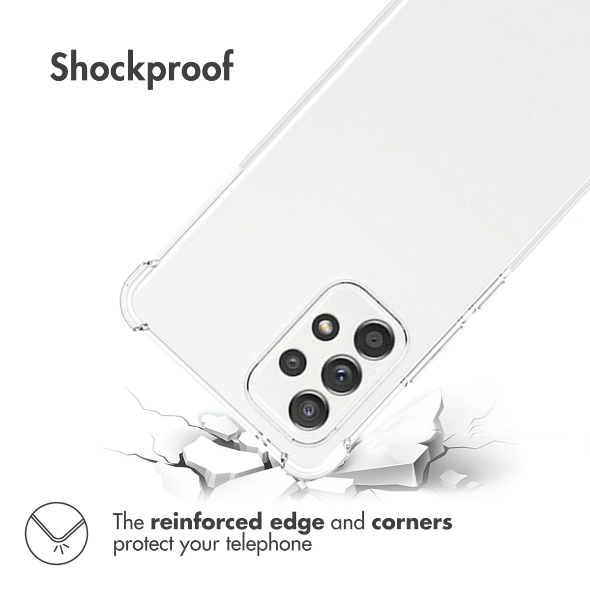 Coque transparente avec coins renforcés sur surface fissurée, texte Shockproof.