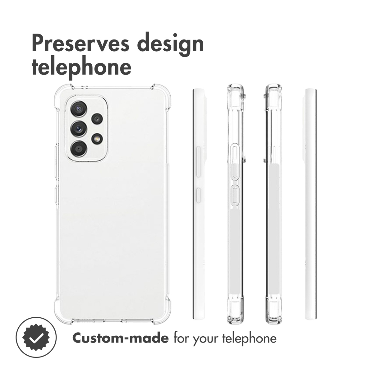 Coque de protection transparente pour smartphone avec différentes vues latérales.