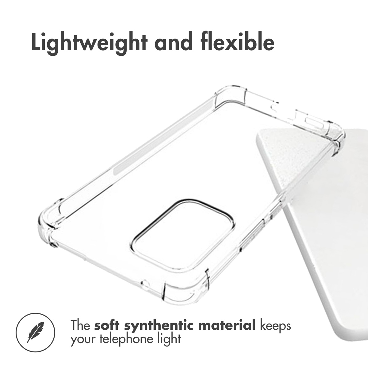 Une coque de téléphone transparente et flexible avec du texte et une icône de plume.