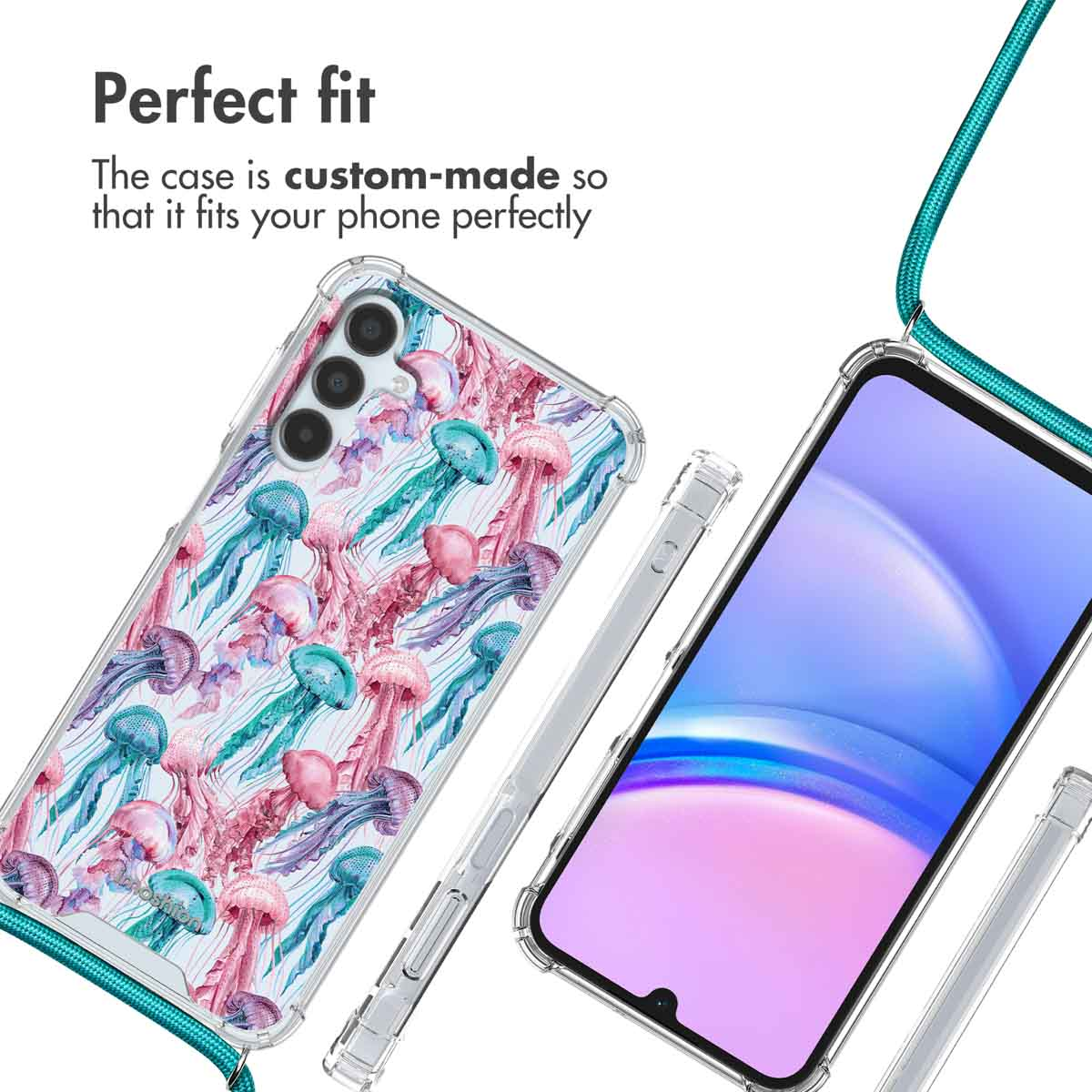 Coque de téléphone transparente avec motif de meduses, sangle turquoise et vue de face.