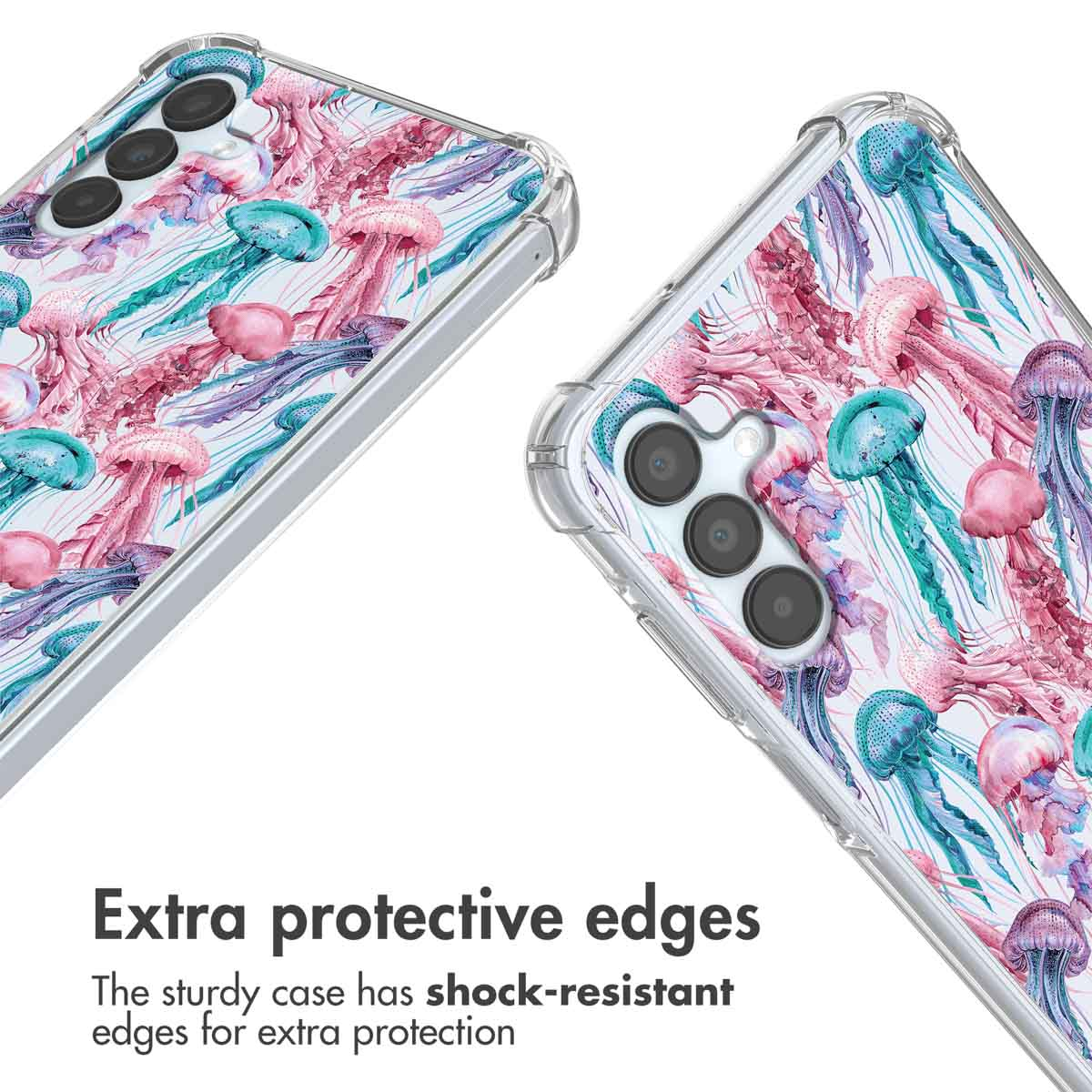 Coque de téléphone avec un motif coloré de méduses roses et turquoise.