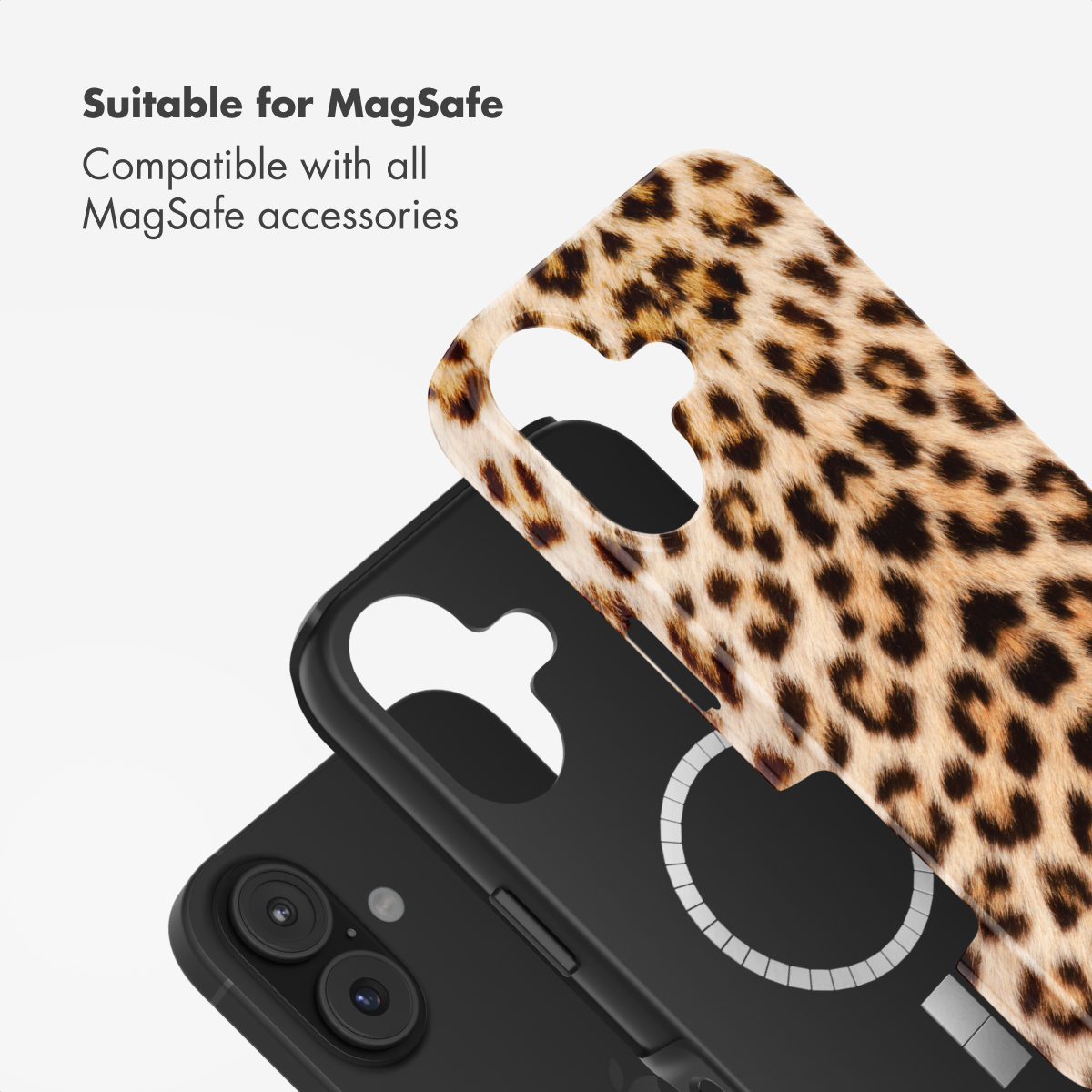 Custodia leopardata compatibile con MagSafe e parti interne nere.