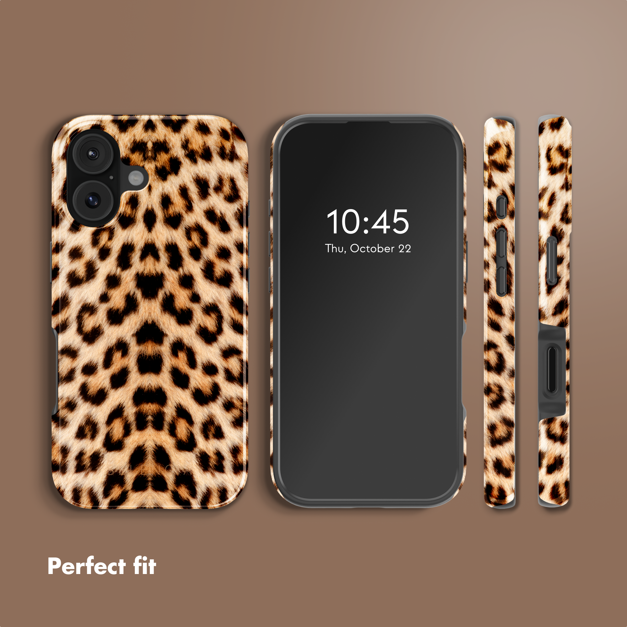 Varie viste di uno smartphone con cover leopardata su sfondo marrone.