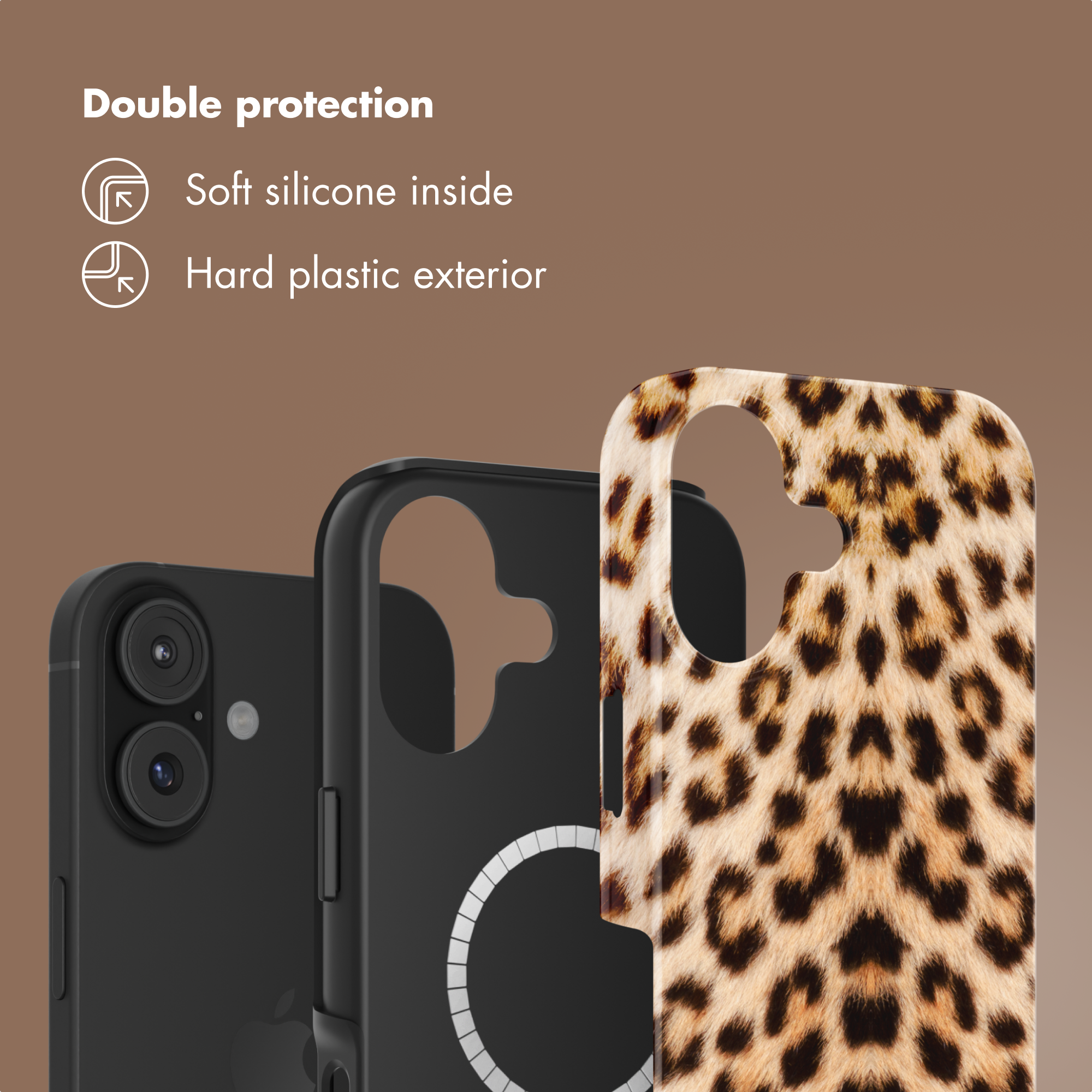 Doppia protezione: silicone morbido interno, esterno in plastica rigida, con cover.