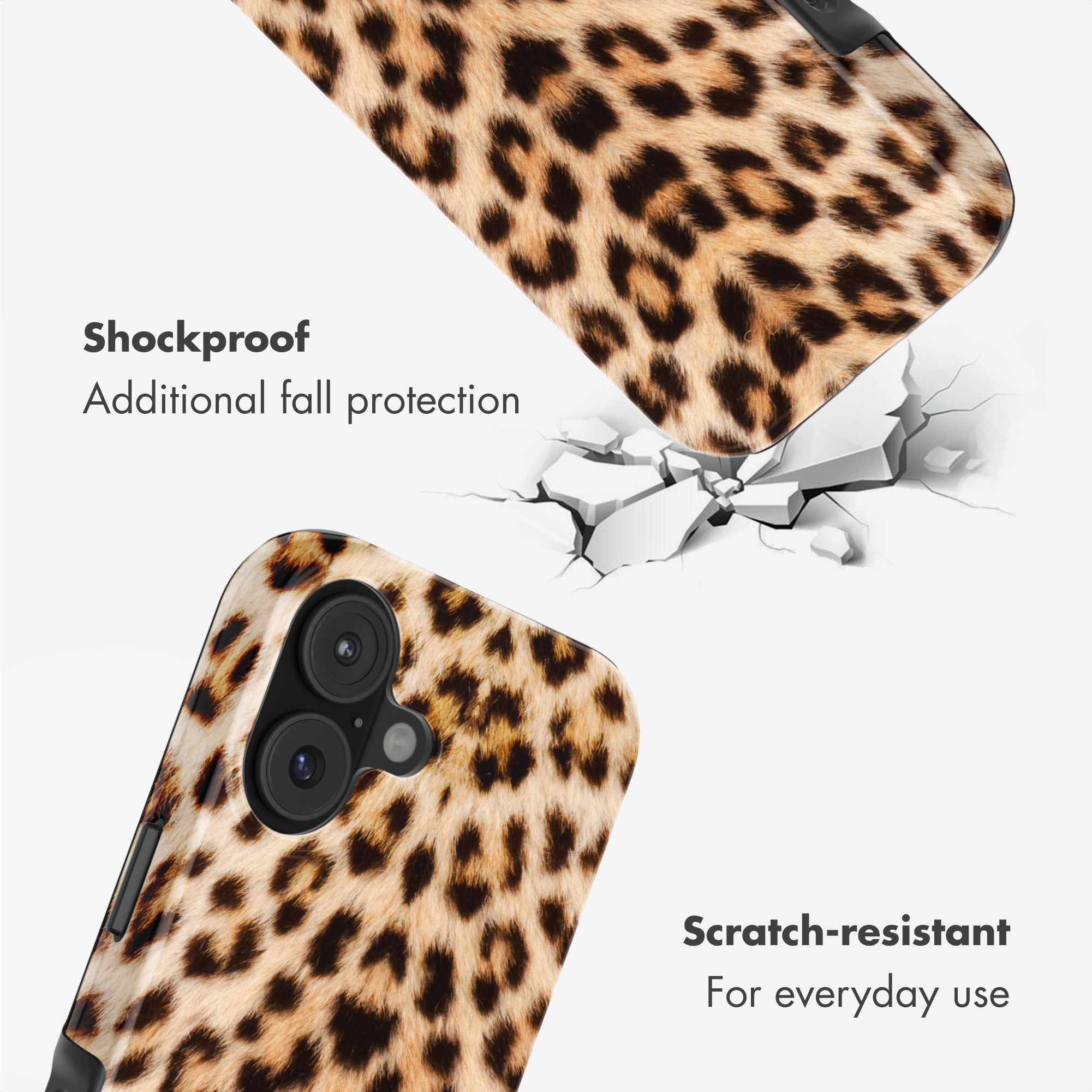 Custodia per telefono leopardata con testo antiurto e antigraffio su sfondo bianco.
