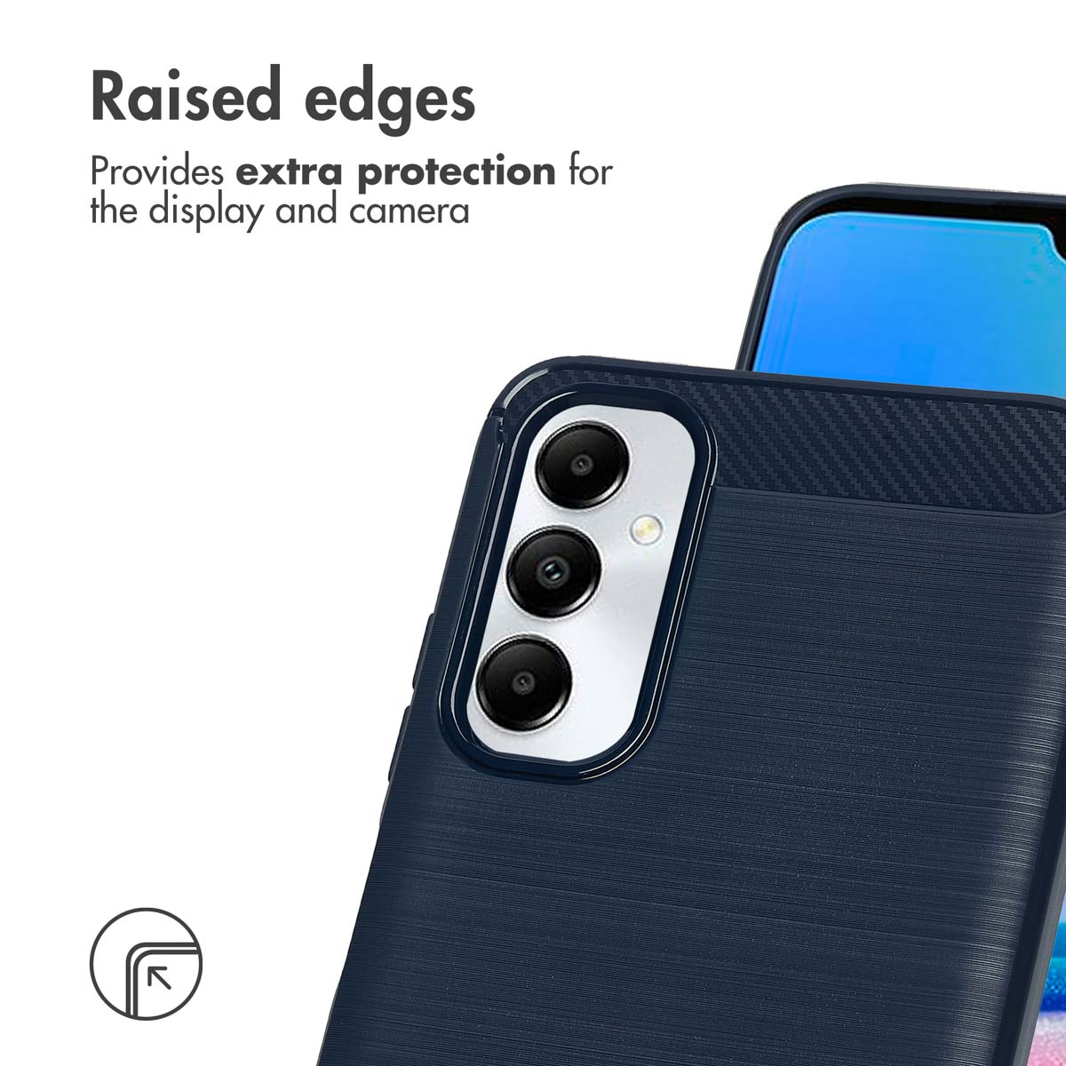 Blaue Smartphone-Hülle mit erhöhten Rändern für zusätzlichen Display- und Kameraschutz.