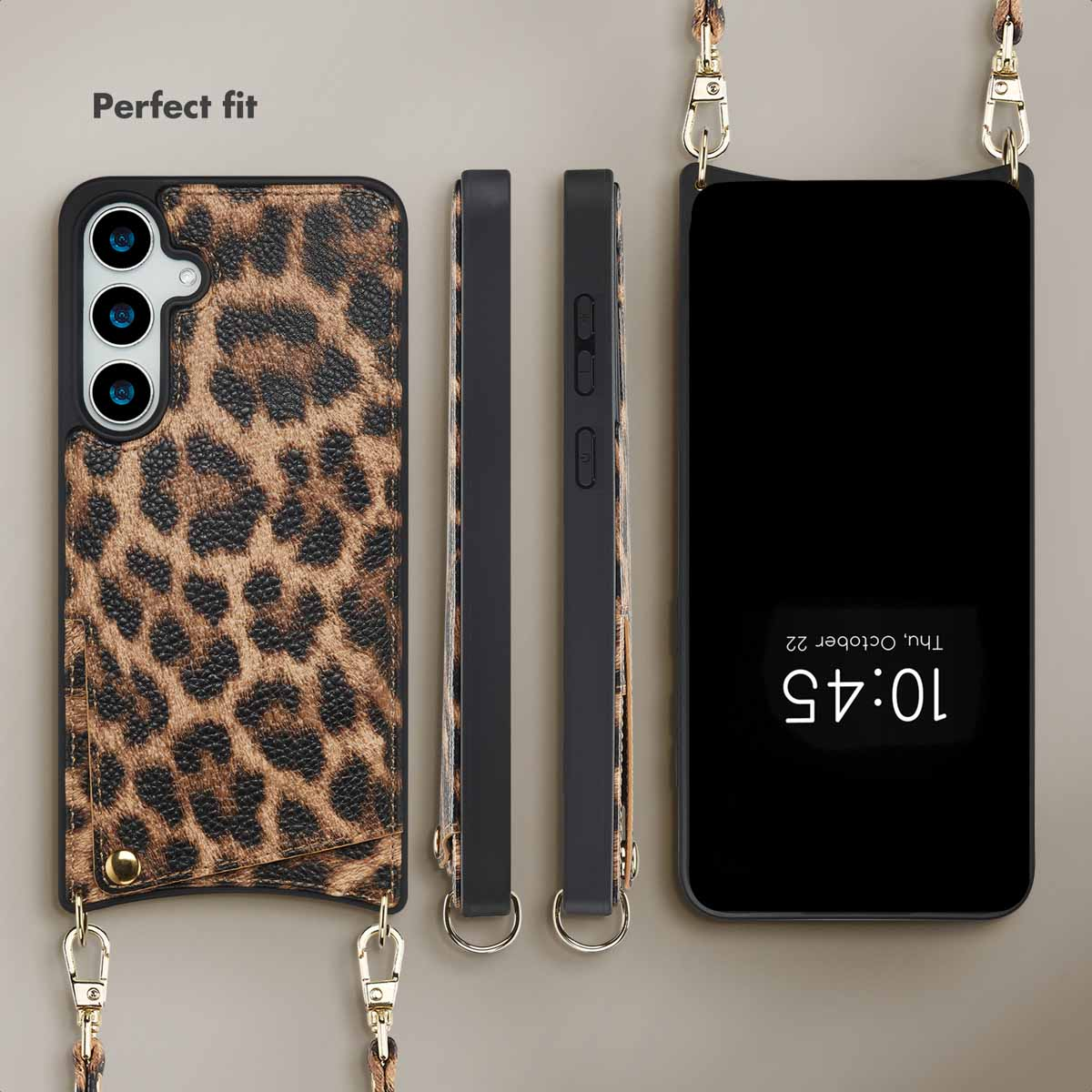 Funda de móvil con estampado de leopardo y bordes negros.