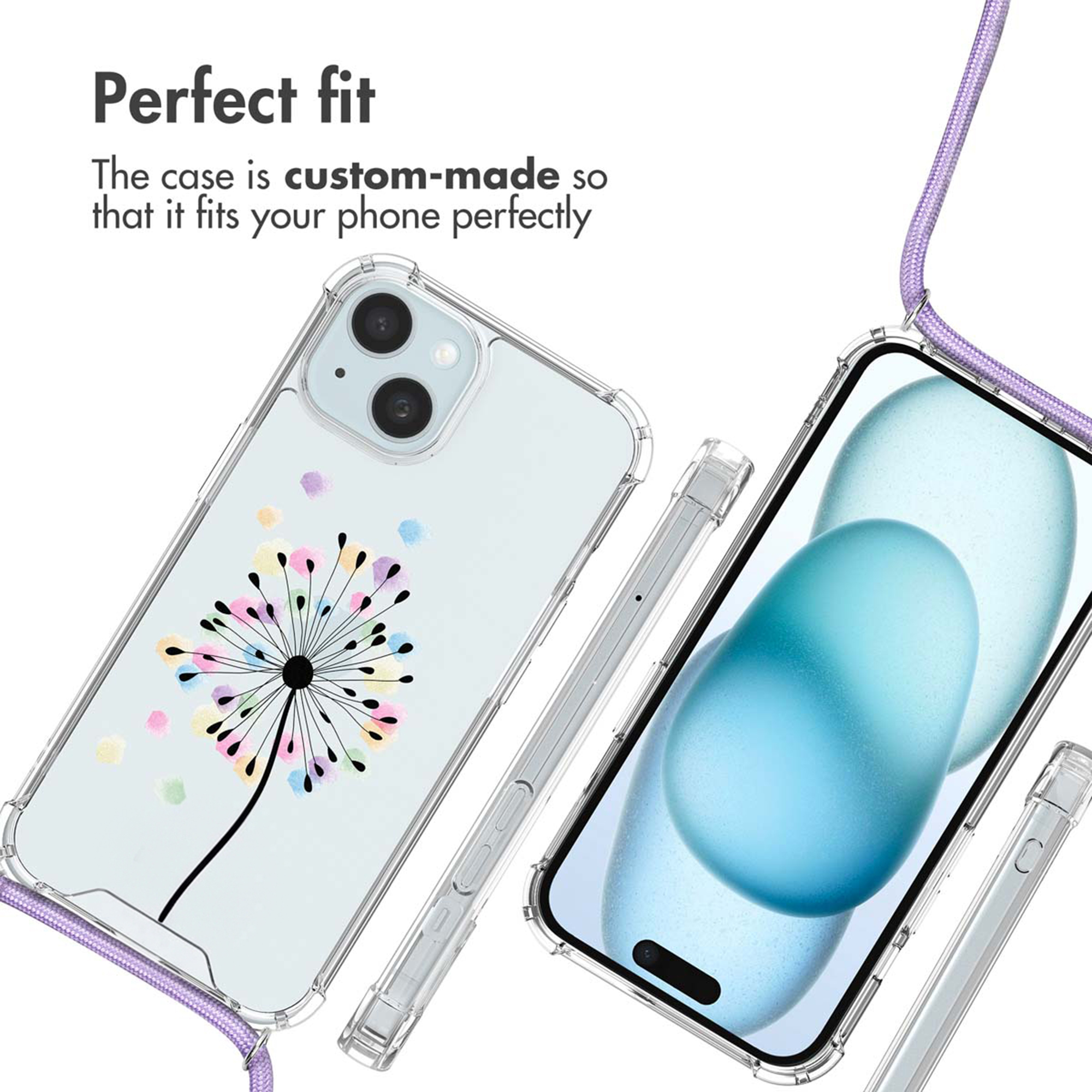 Custodia trasparente per telefono con disegno di tarassaco e tracolla viola.