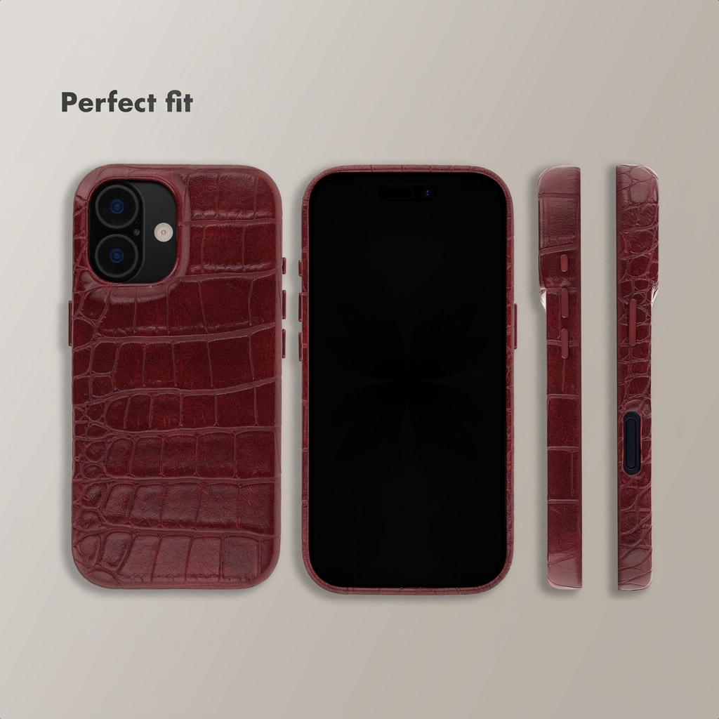 Quatre vues d'un smartphone dans une coque en cuir bordeaux façon crocodile sur fond neutre avec texte.