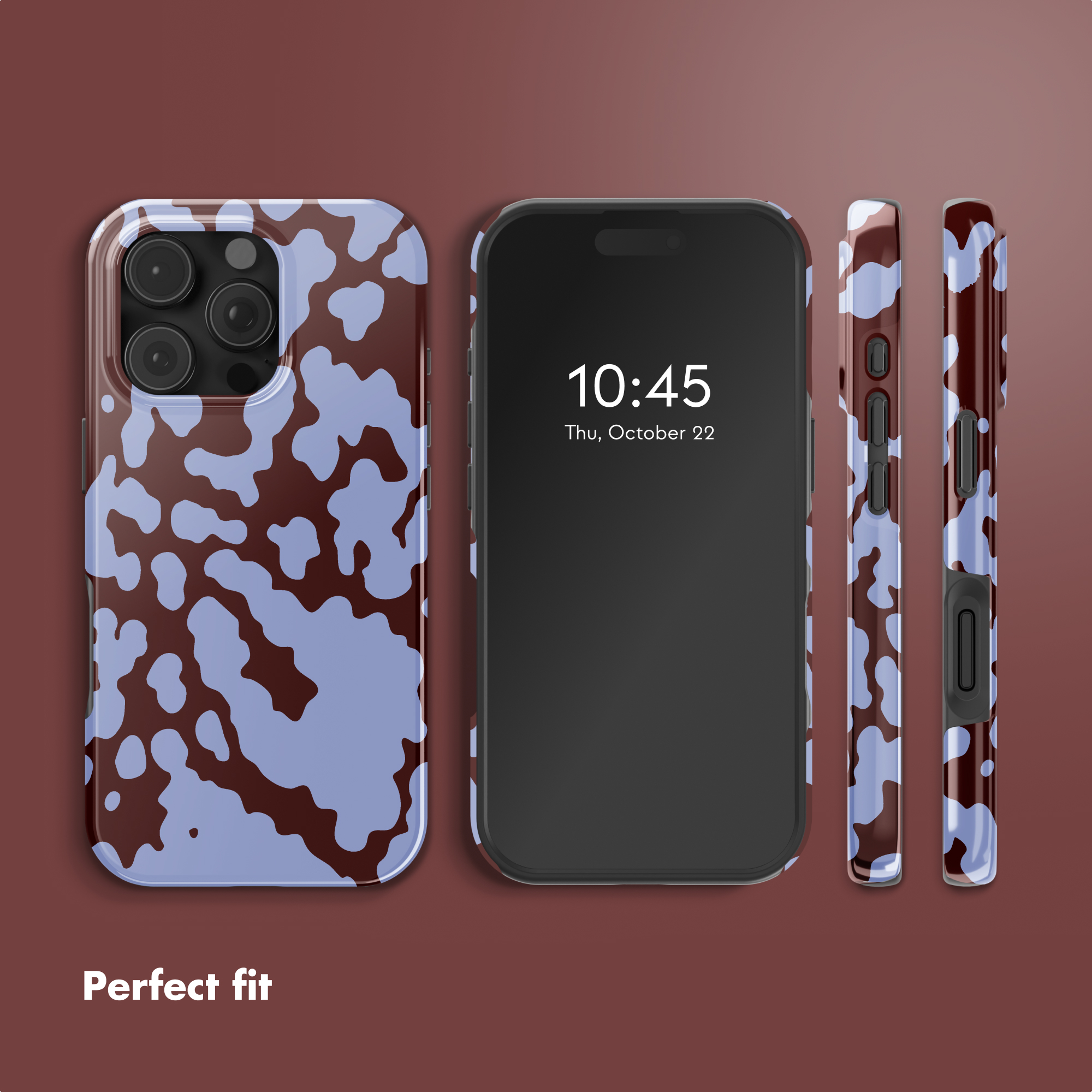 Quattro viste di uno smartphone con cover camouflage blu e marrone e schermo nero.