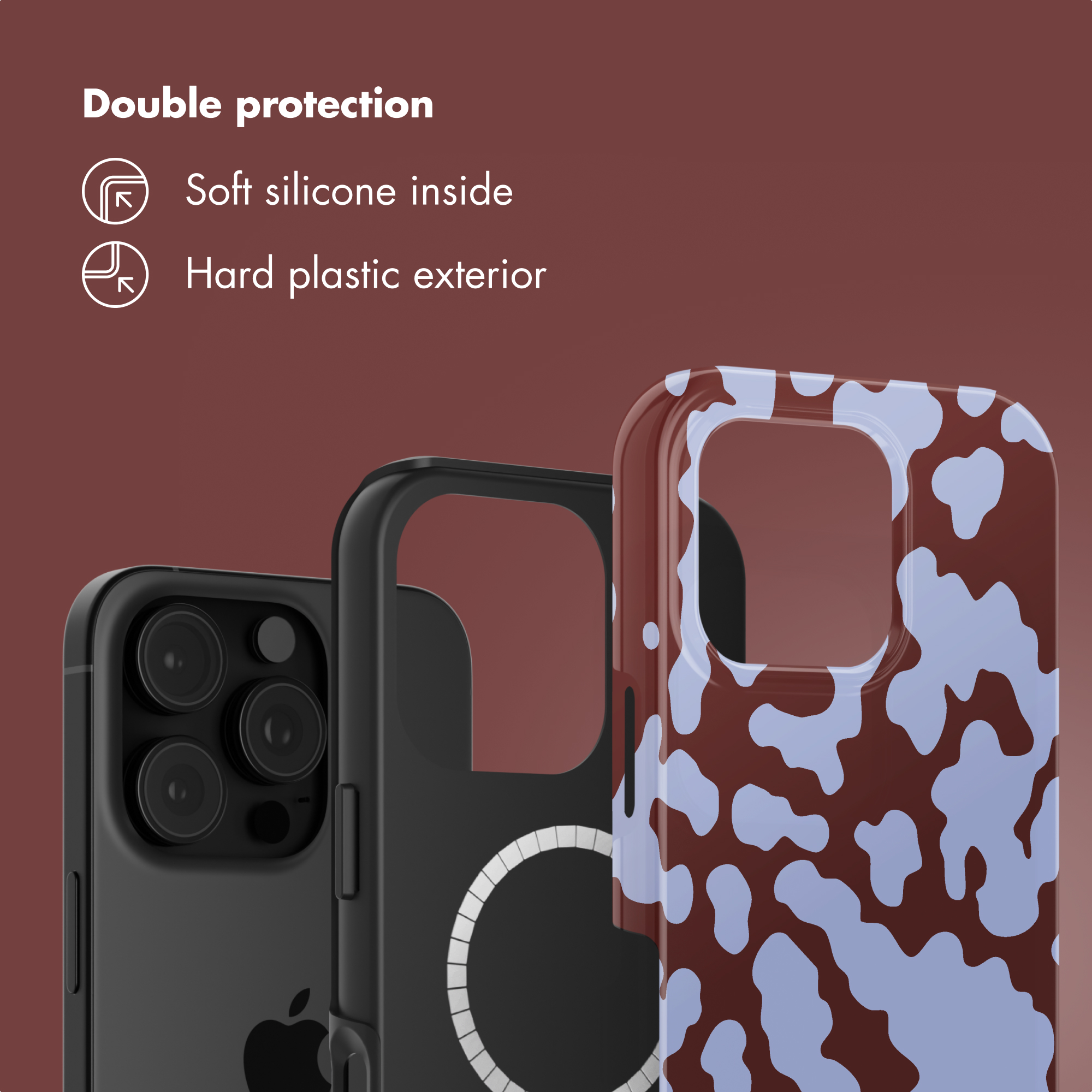 Una cover offre doppia protezione con interno in silicone morbido ed esterno in plastica rigida su sfondo rosso.
