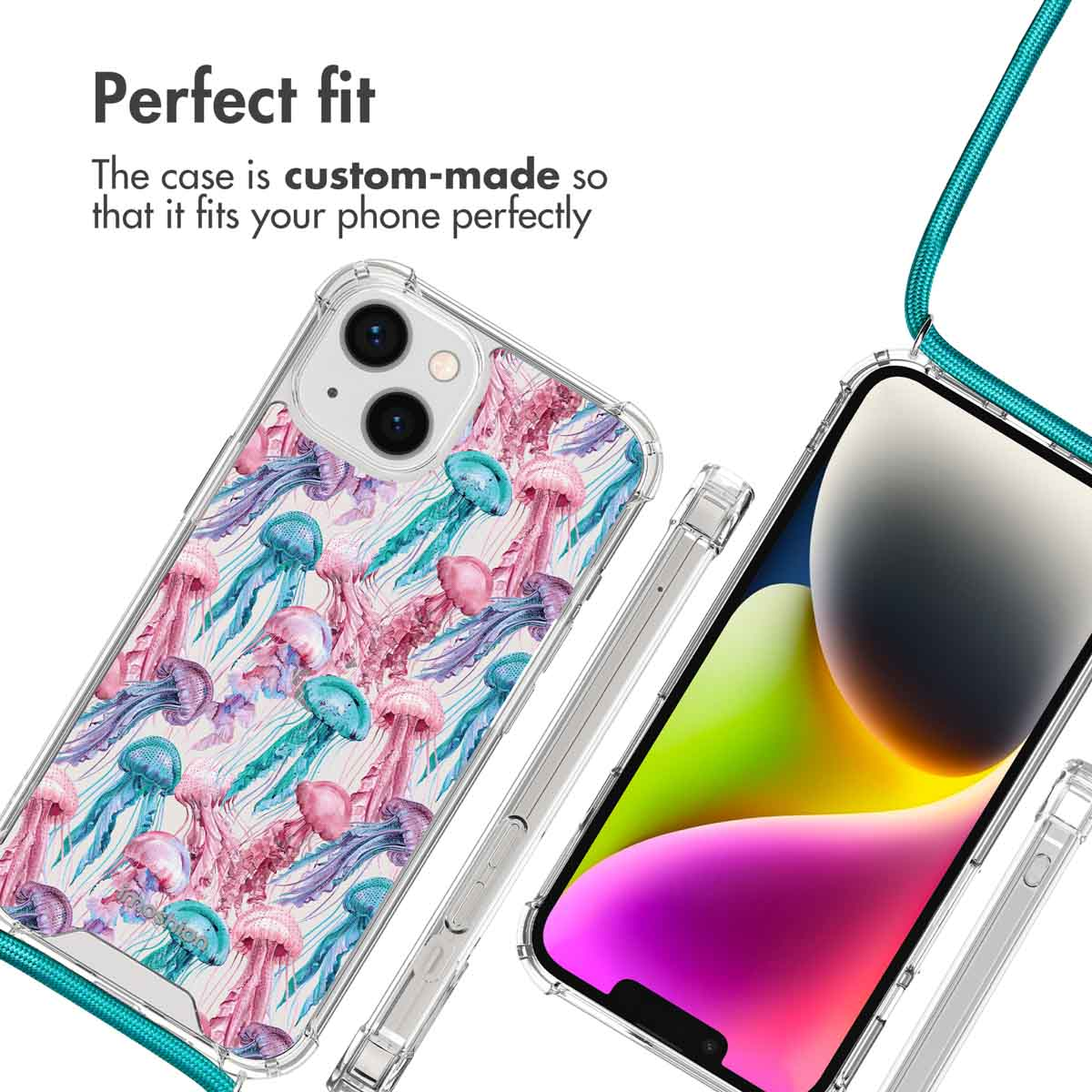 Eine transparente Handyhülle mit buntem Quallenmuster, befestigt an einer türkisen Kordel neben einem Smartphone.
