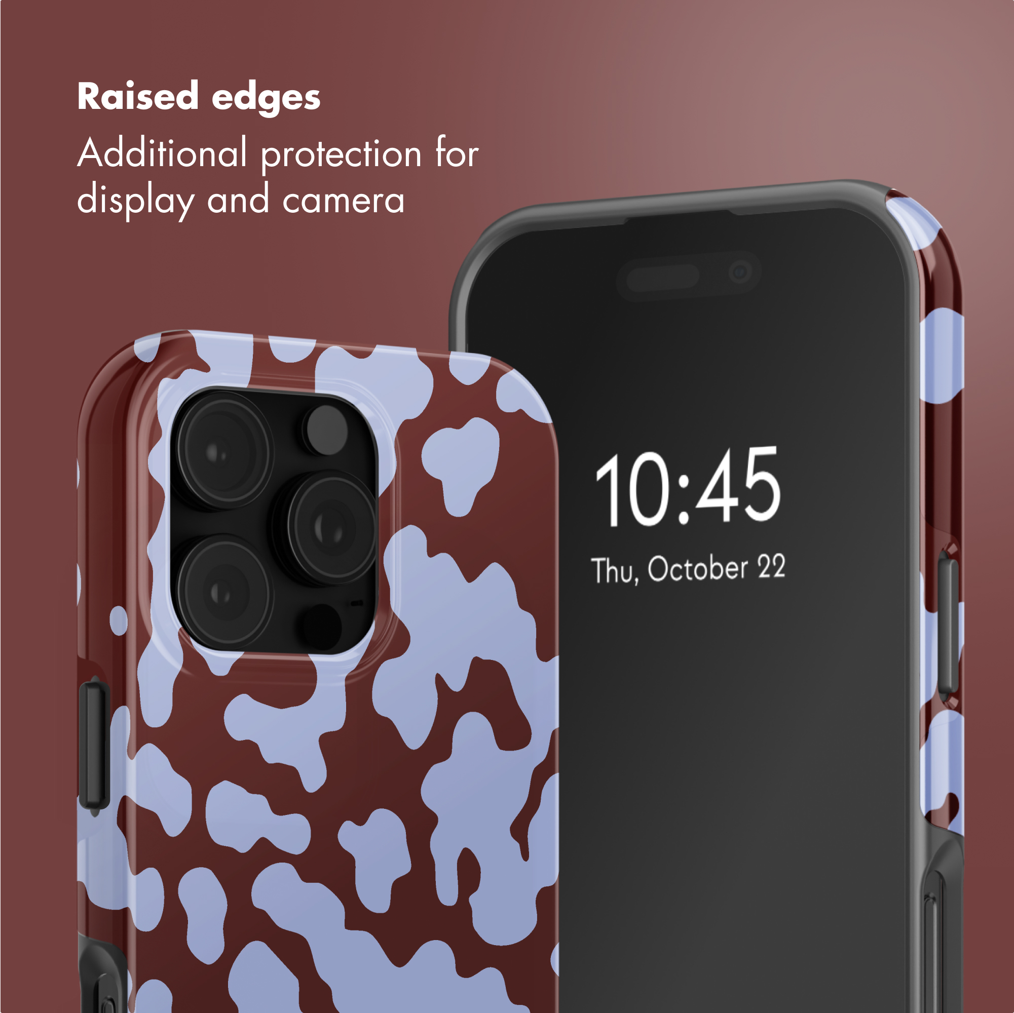 Smartphone con cover protettiva maculata marrone e blu e testo Raised edges.