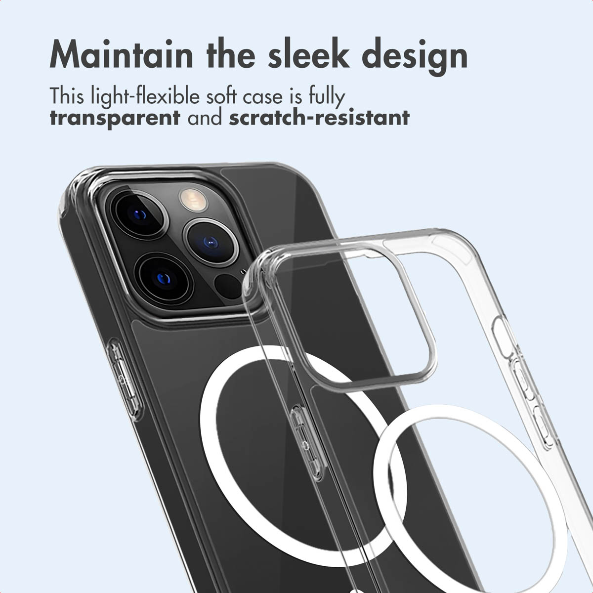 Custodia trasparente antigraffio con anello MagSafe e testo.