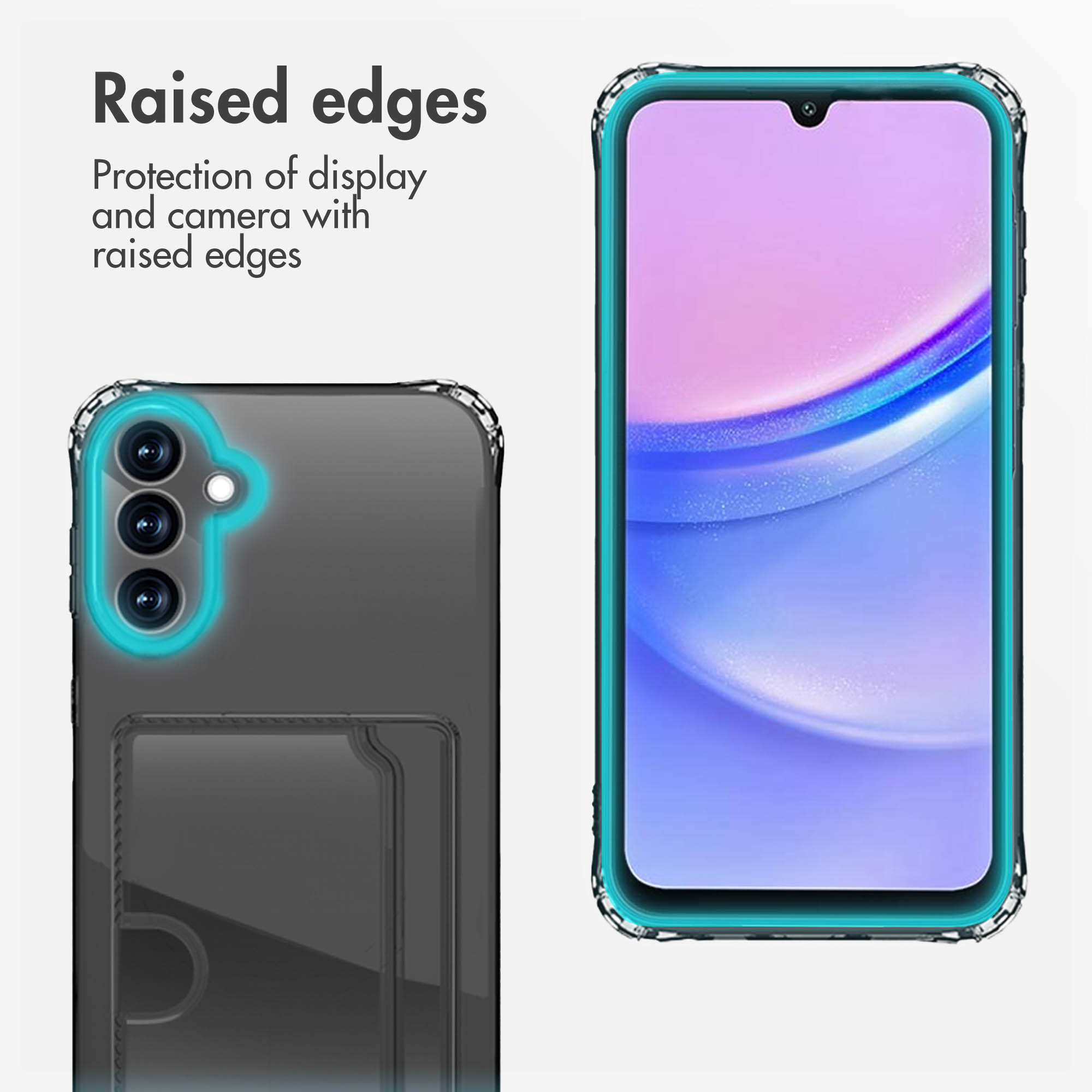 Smartphone en funda protectora transparente con bordes elevados para pantalla y cámara.