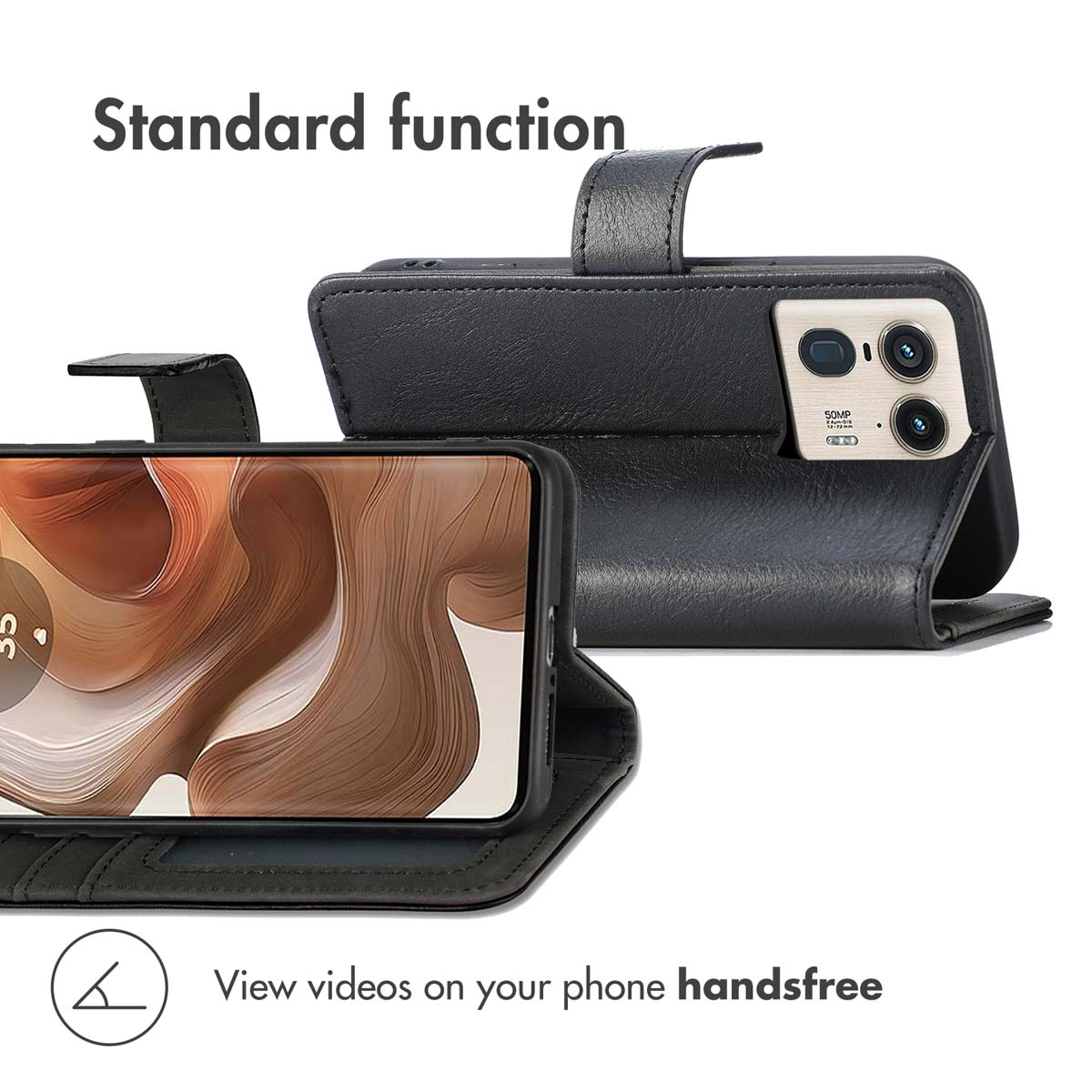 Funda de cuero negro para móvil con función de soporte para ver videos.