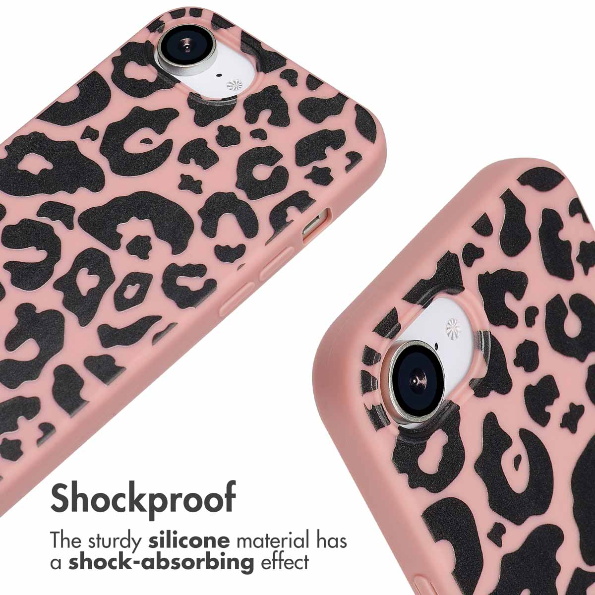 Coque de téléphone rose avec imprimé léopard noir et le texte 'Shockproof'.
